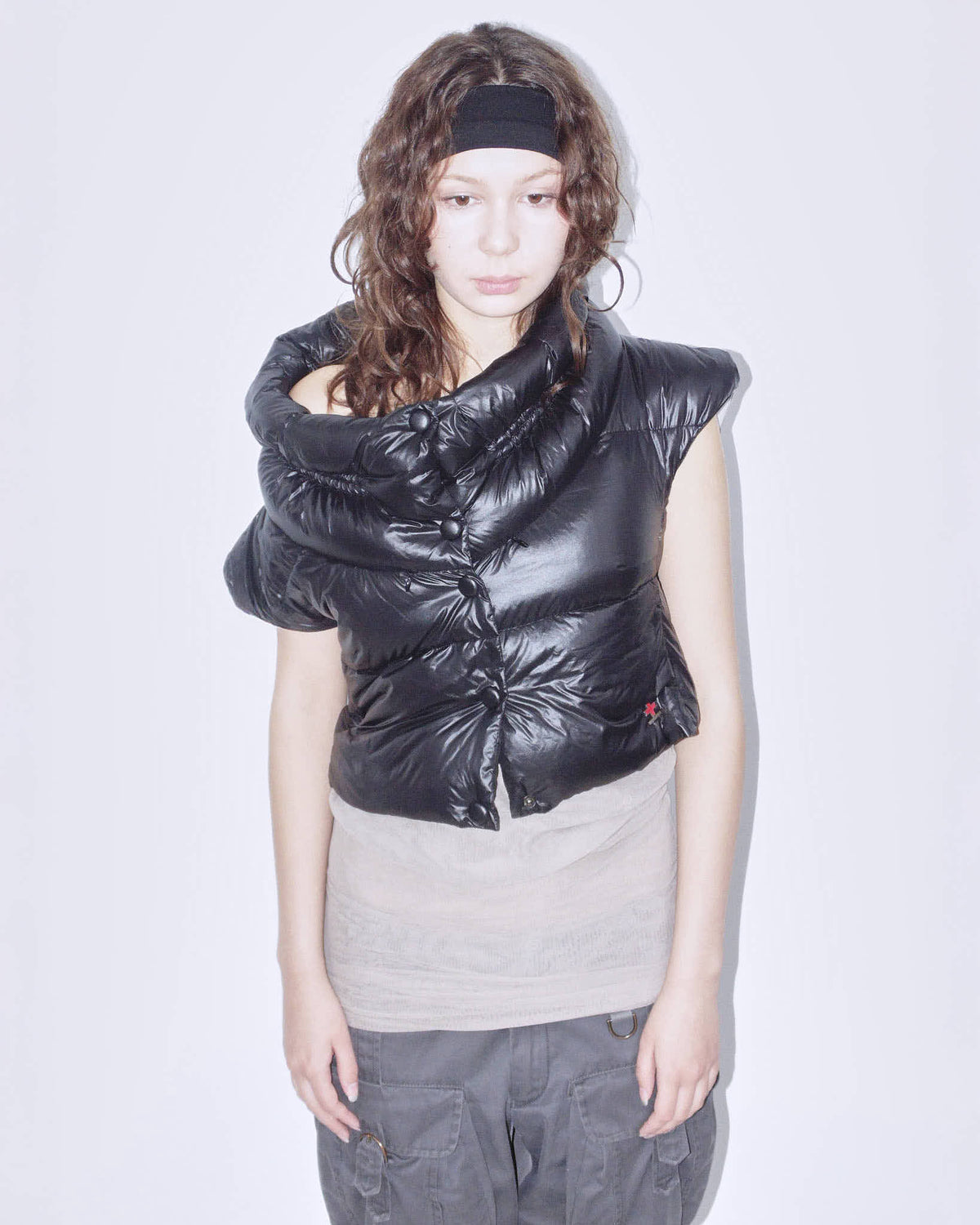 cropped button-up puffer vest