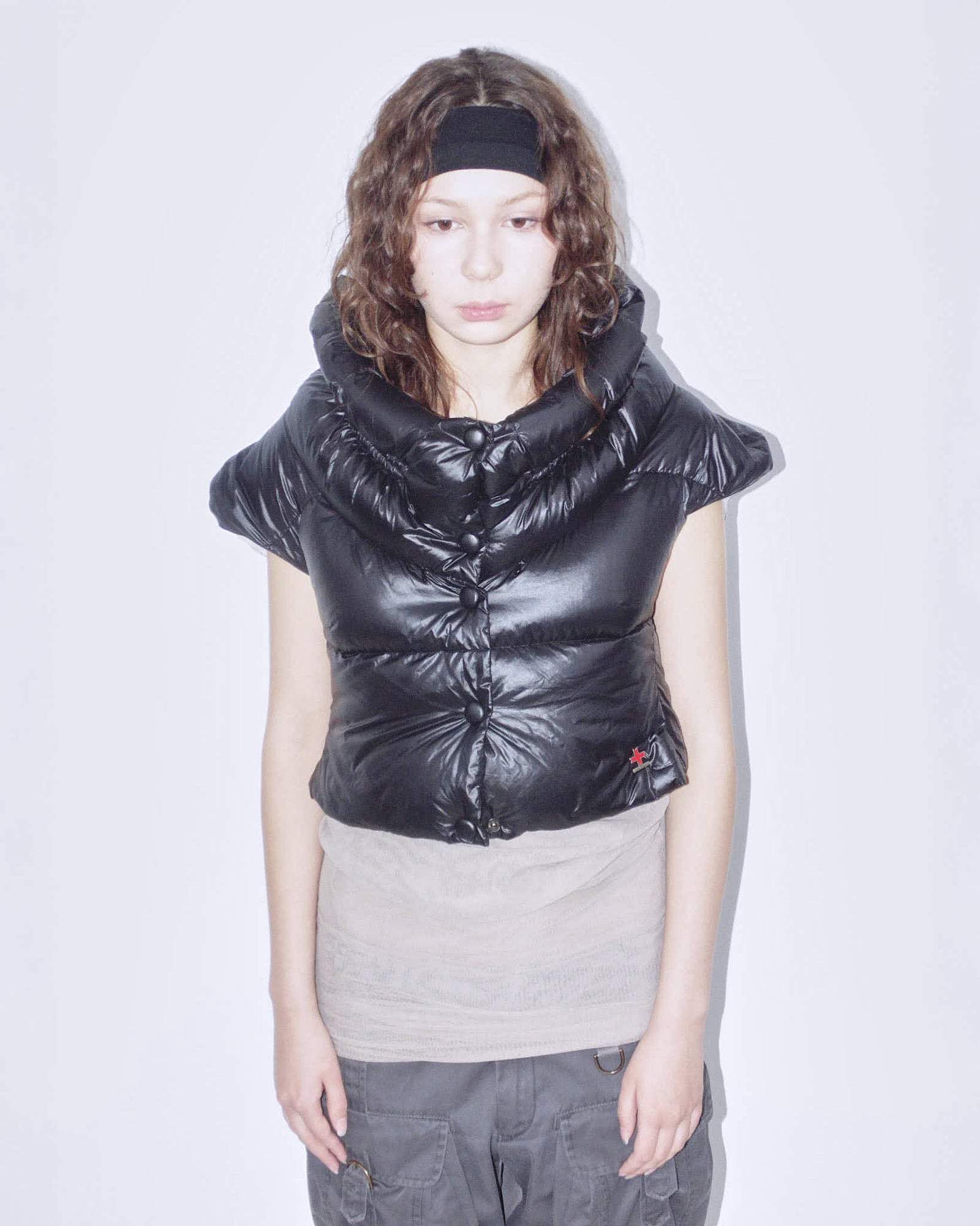cropped button-up puffer vest