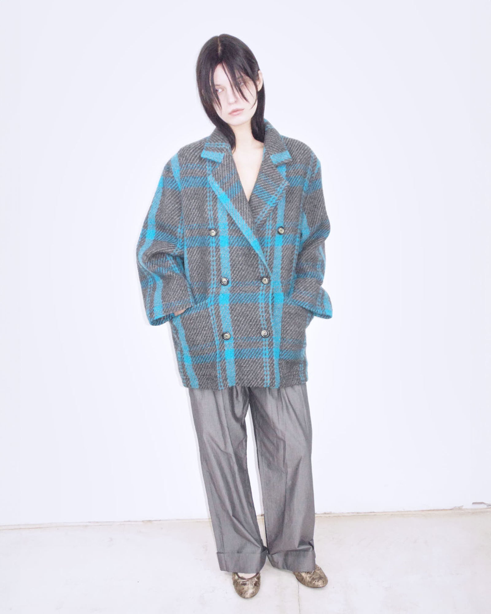 oversized blue and gray plaid coat