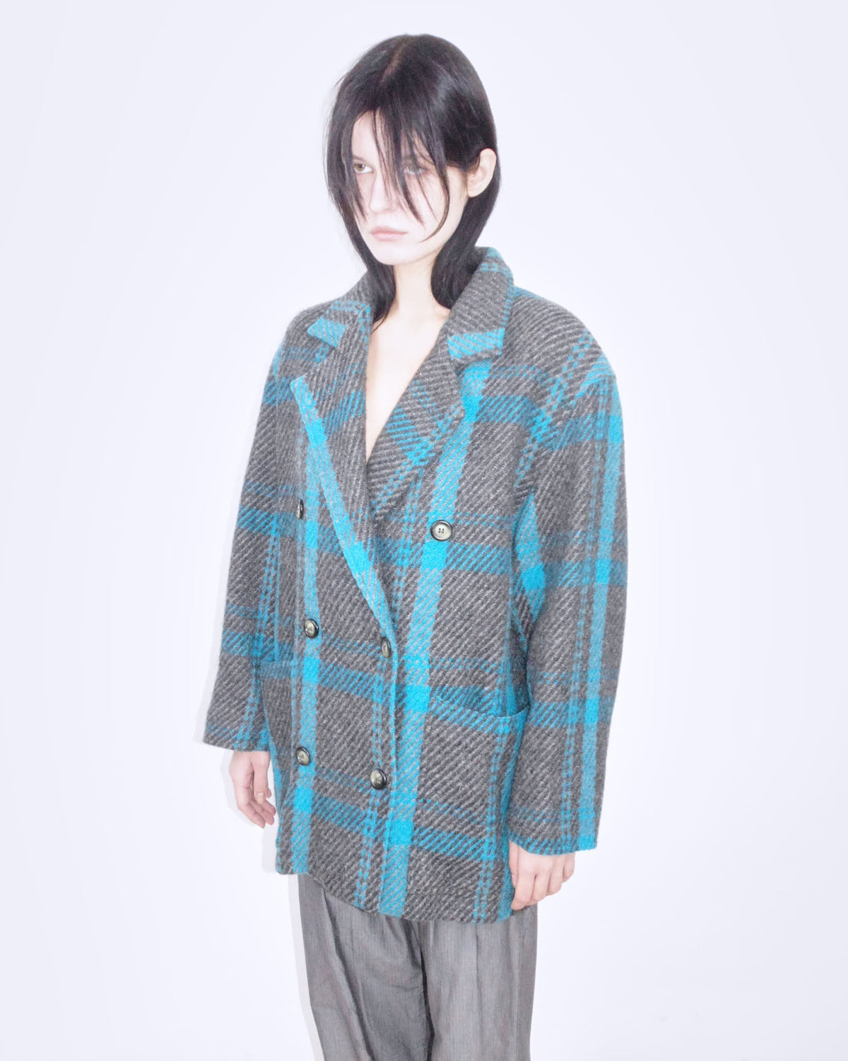 oversized blue and gray plaid coat