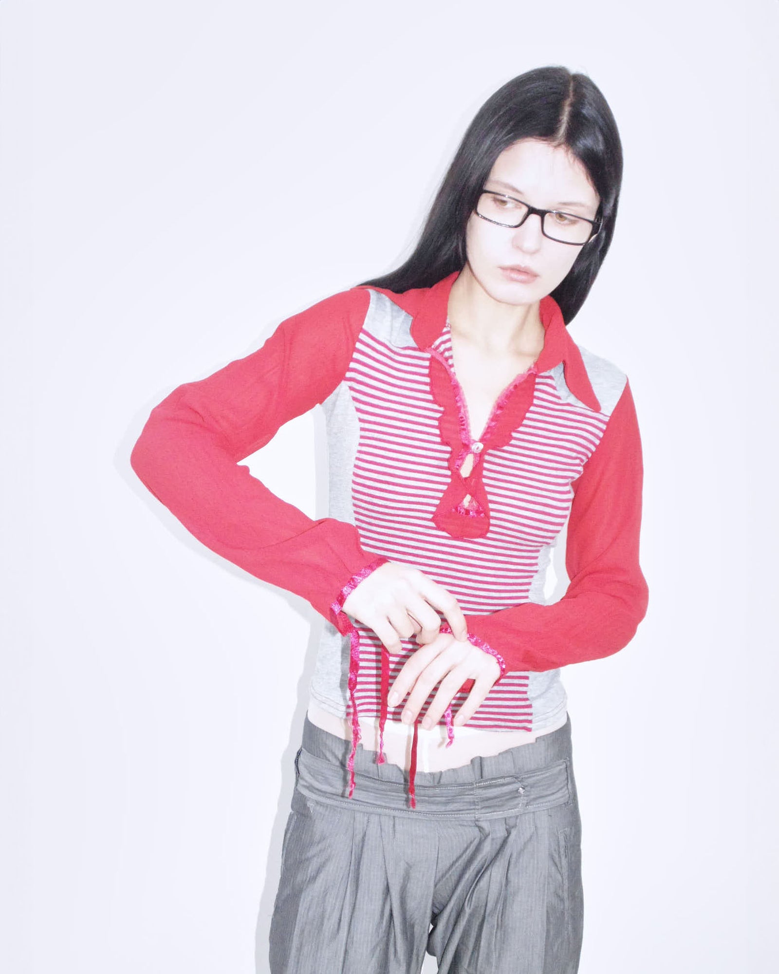 red and gray striped long sleeve top