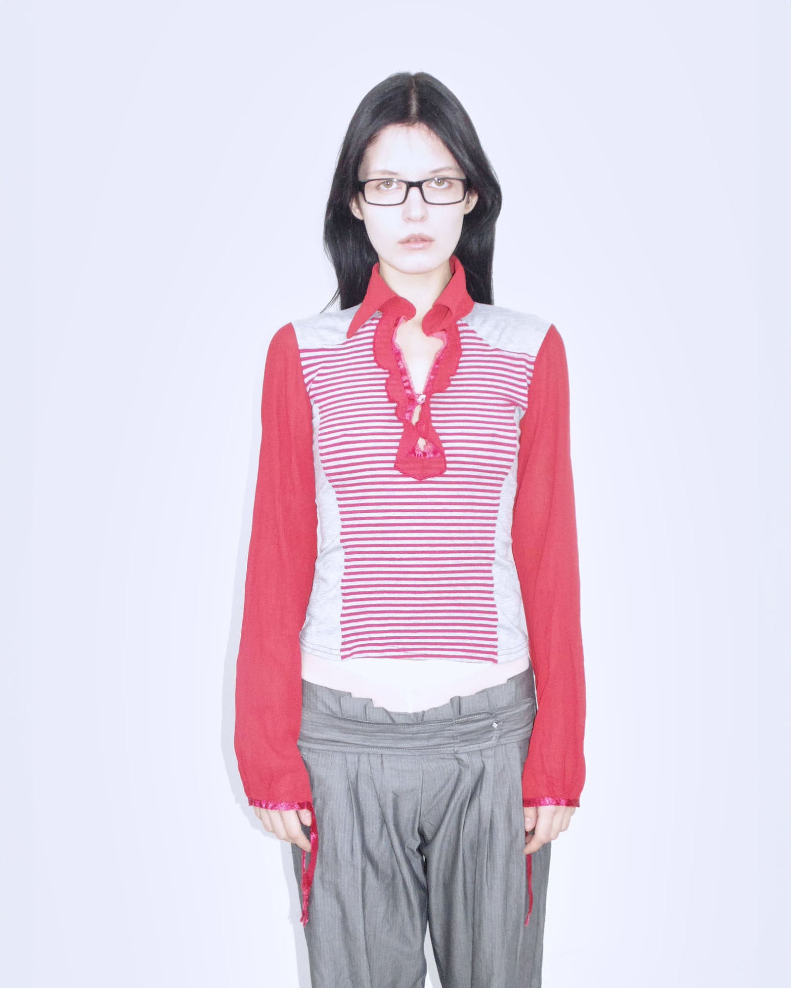 red and gray striped long sleeve top