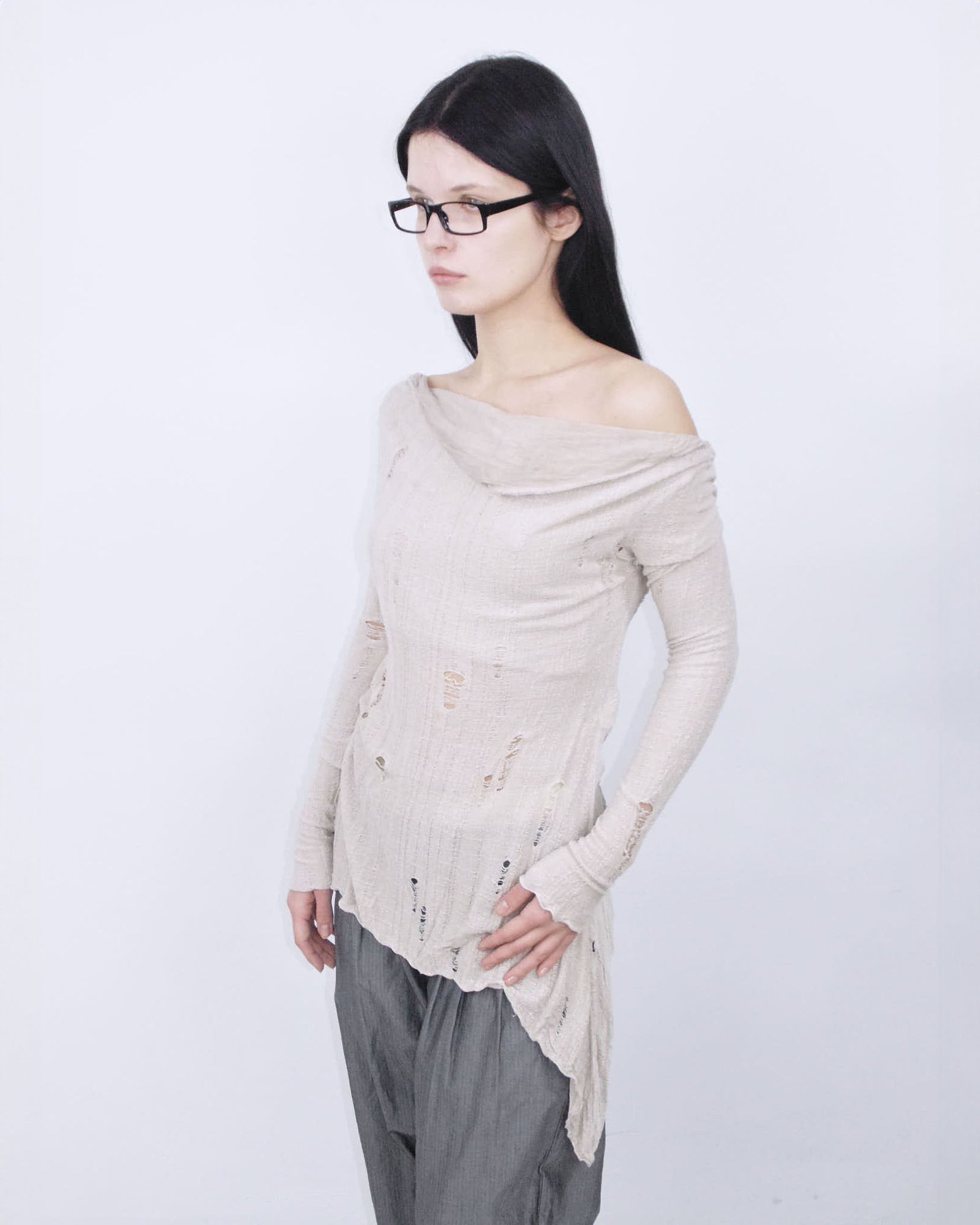 distressed long sleeve light pink nude top
