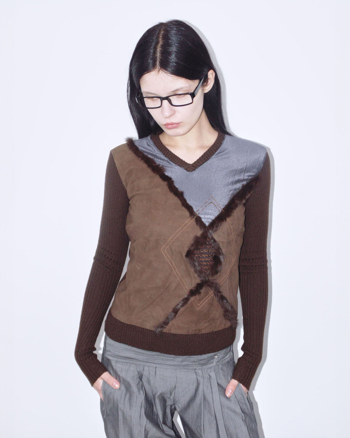 multimaterial brown and violet sweater