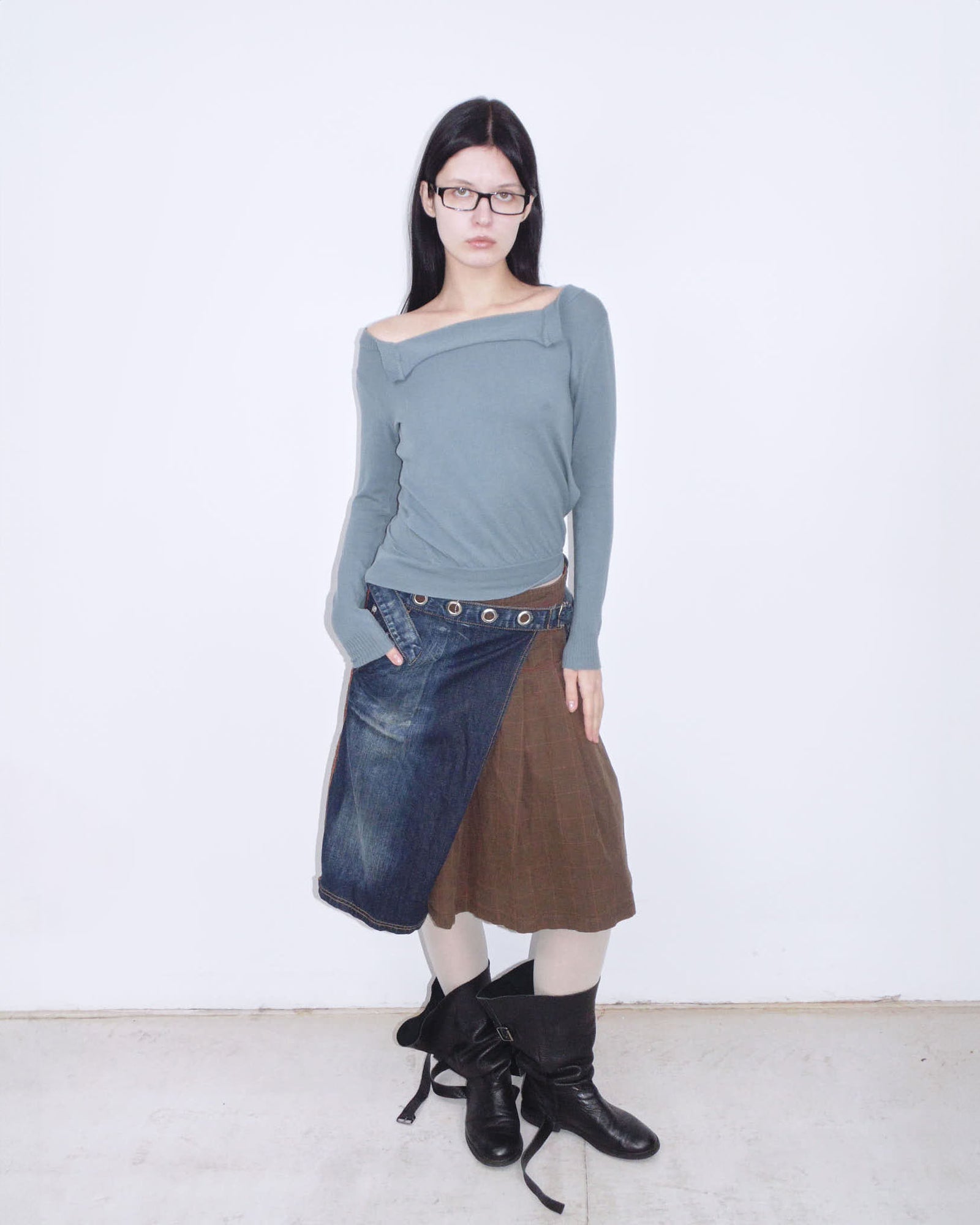 bi-material midi asymmetric denim skirt