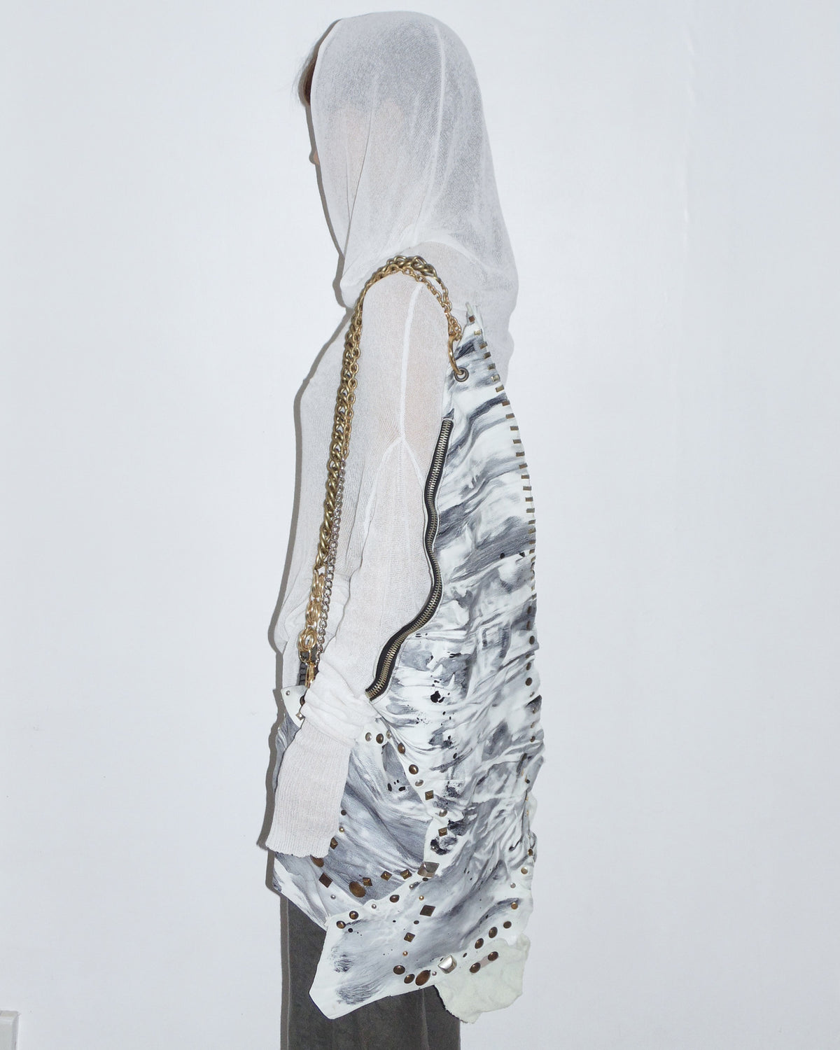 white and grey leather raw cut studded maxi bag