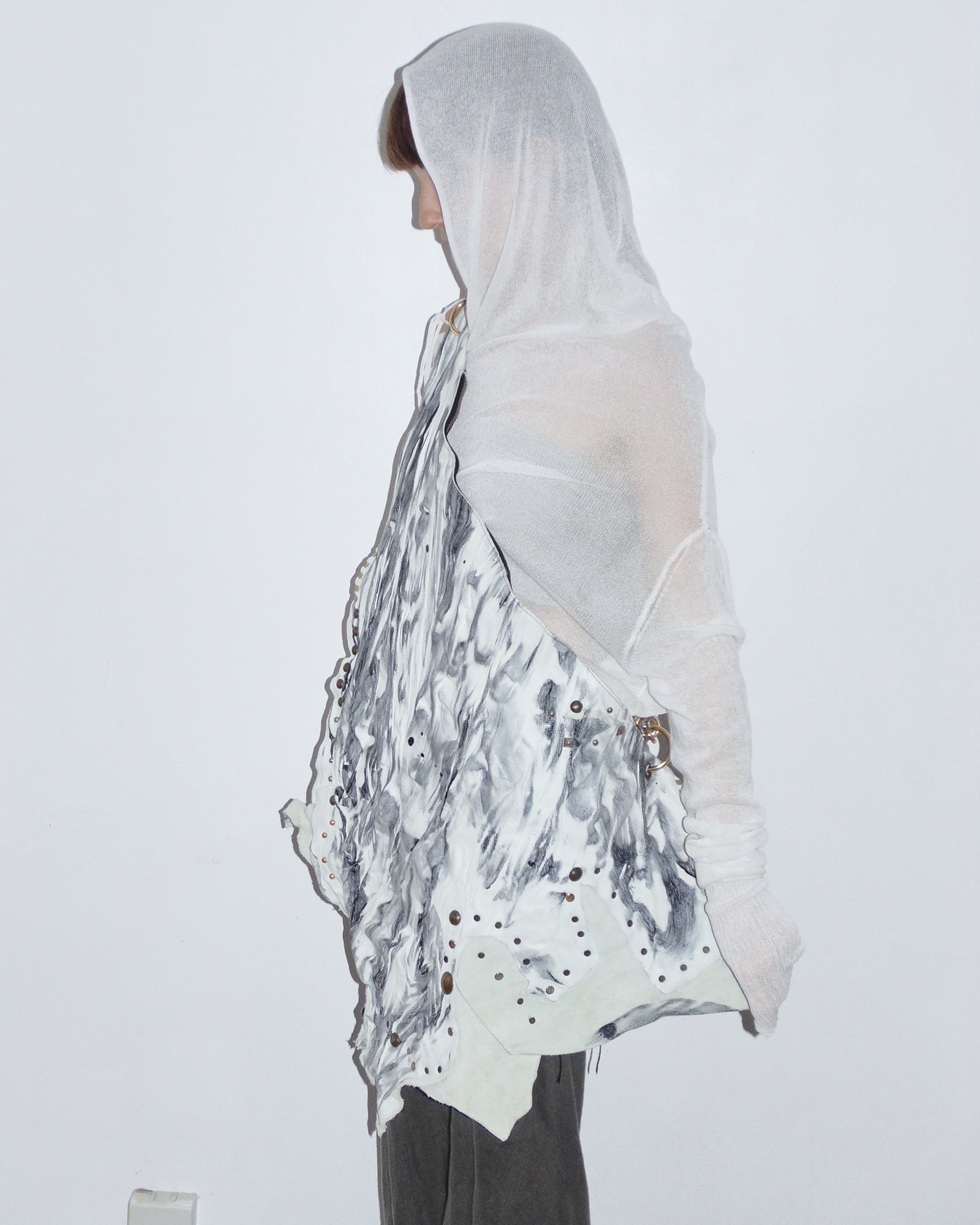 white and grey leather raw cut studded maxi bag