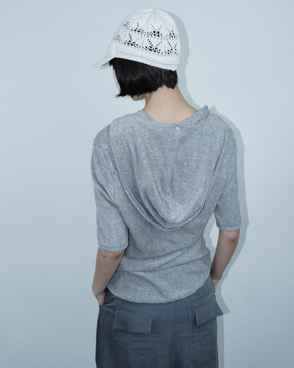 white cotton knitted visor hat