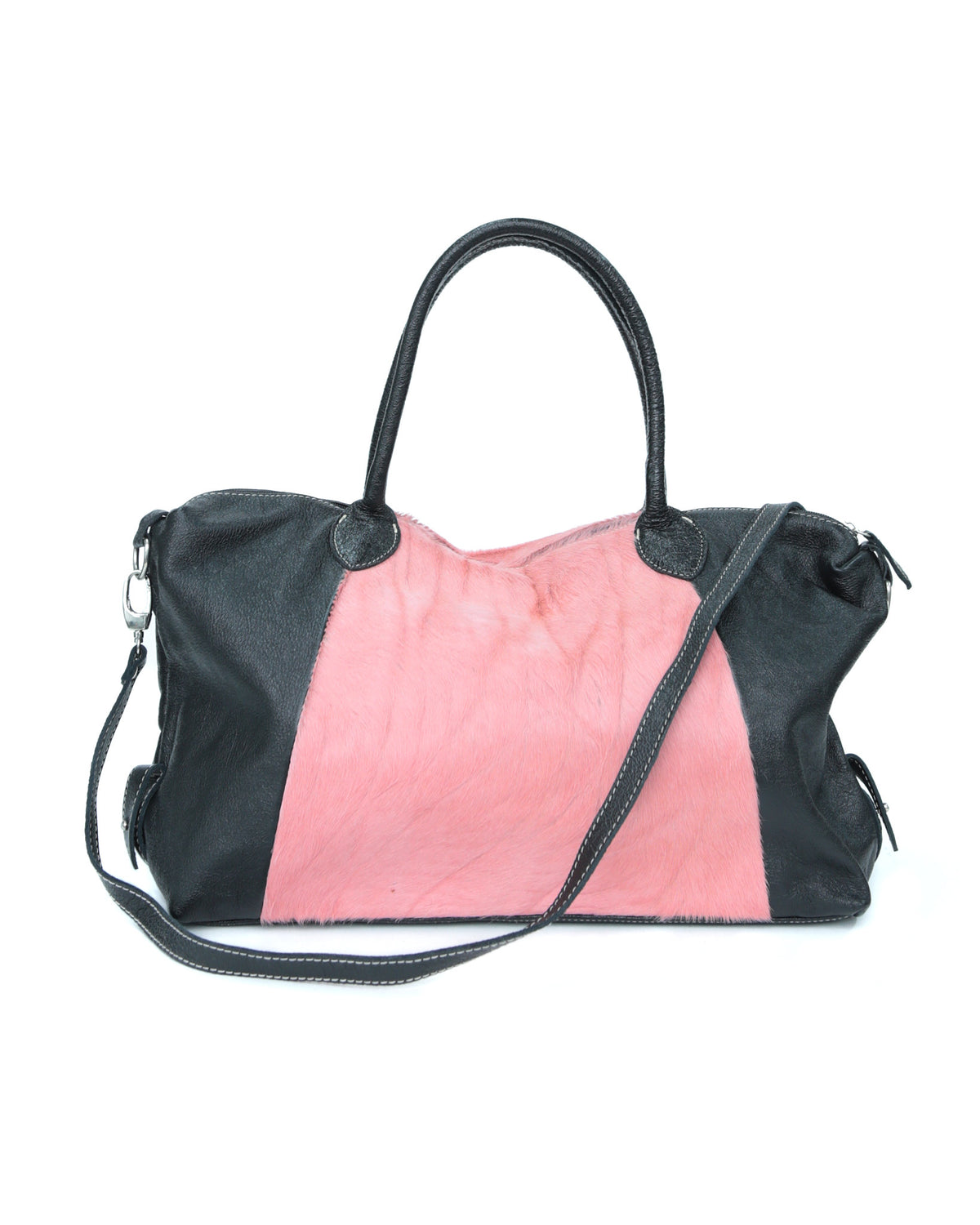 pink pony hair and black shiny leather bag