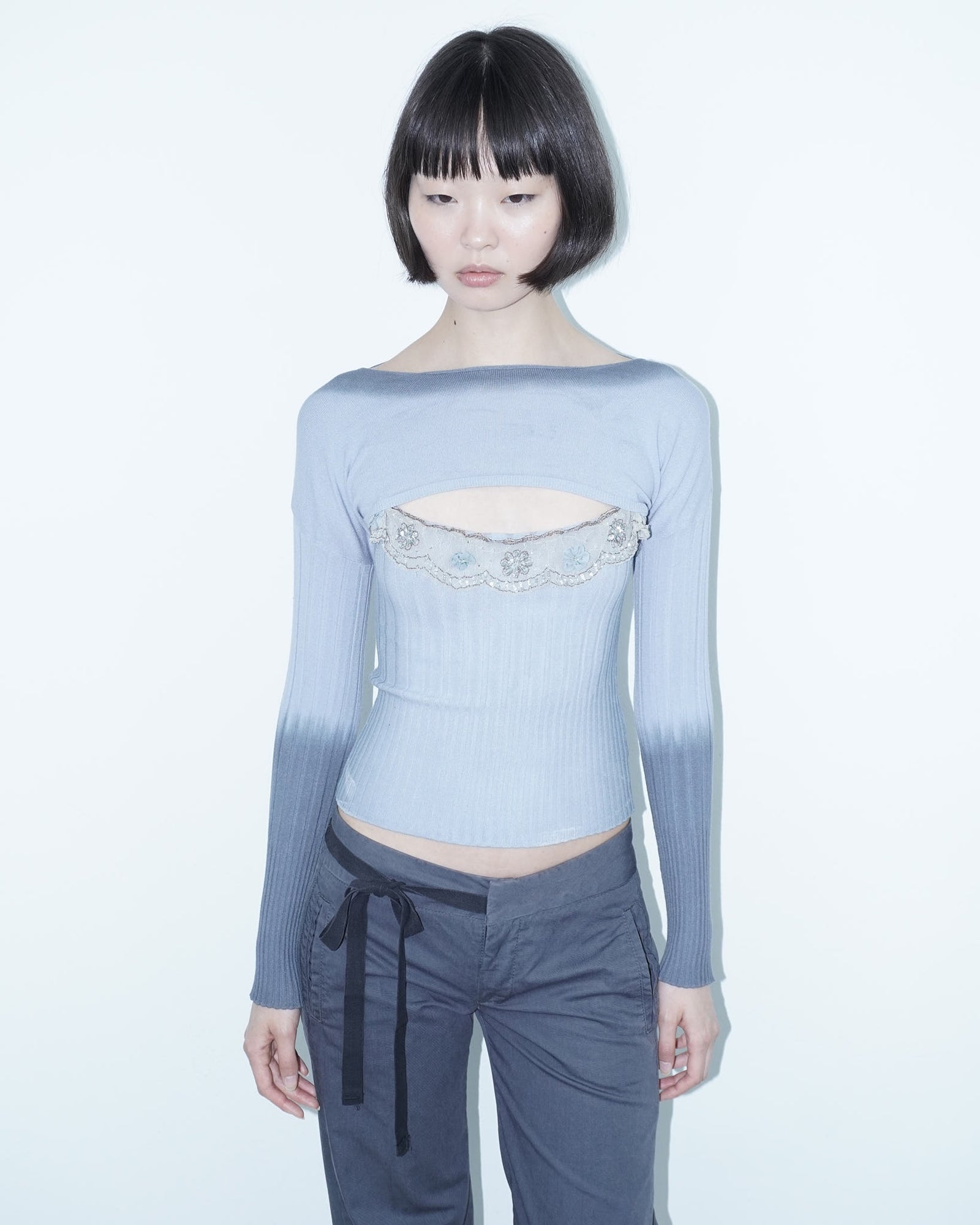 powder blue knit set with lace detail