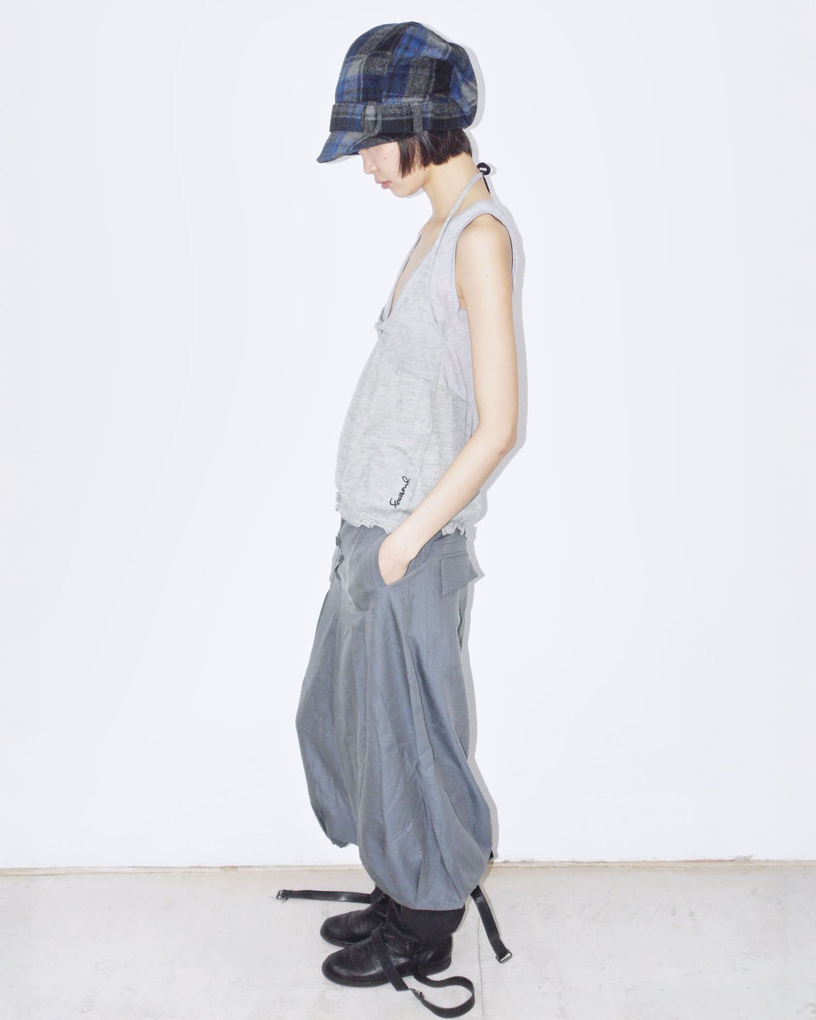 wool blue and grey plaid oversized hat