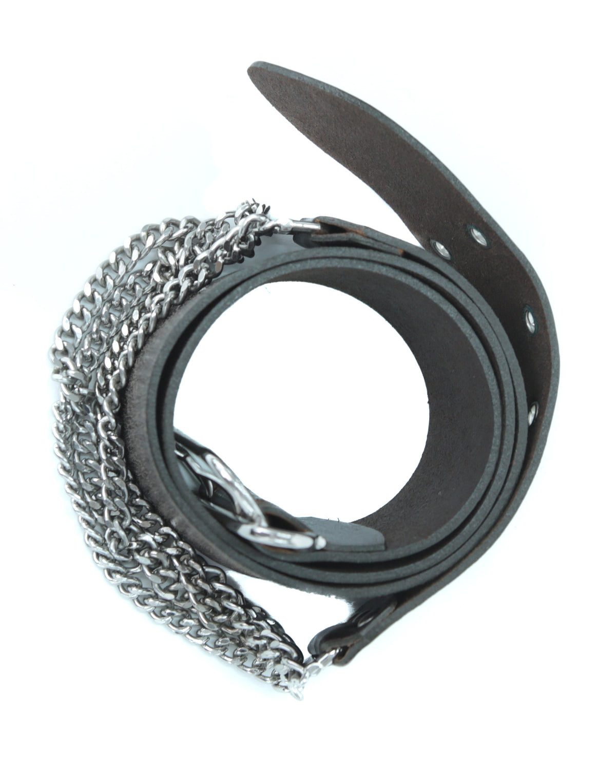 dark brown leather belt with metal chain detail