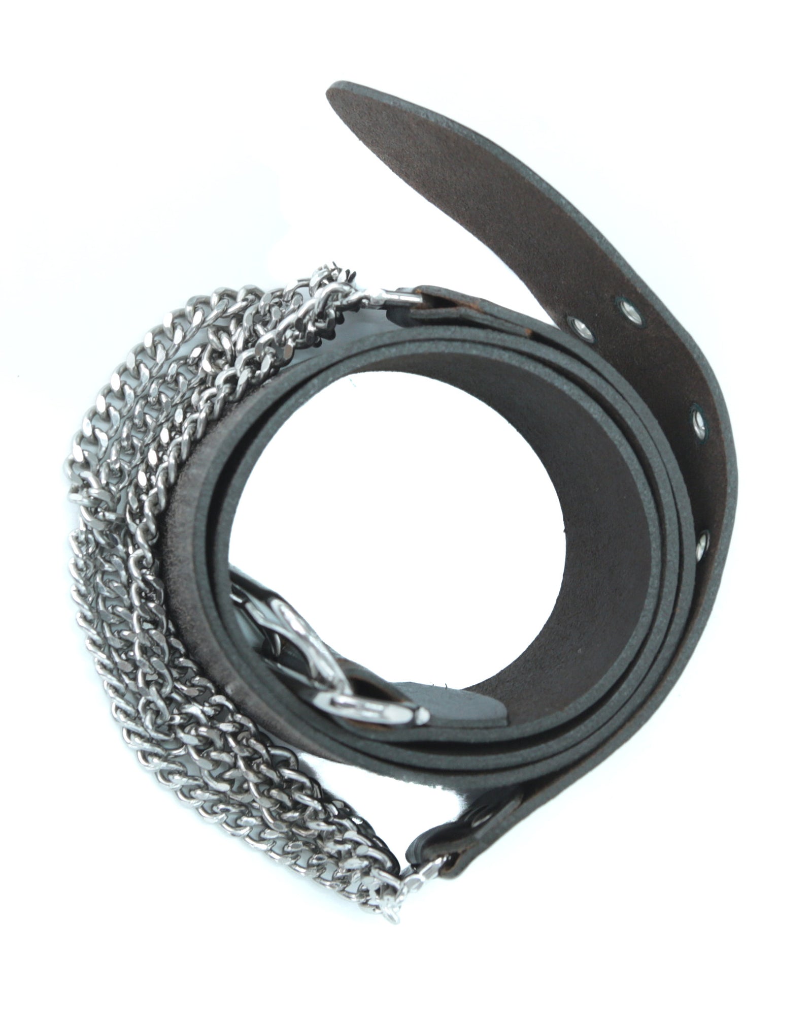 dark brown leather belt with metal chain detail