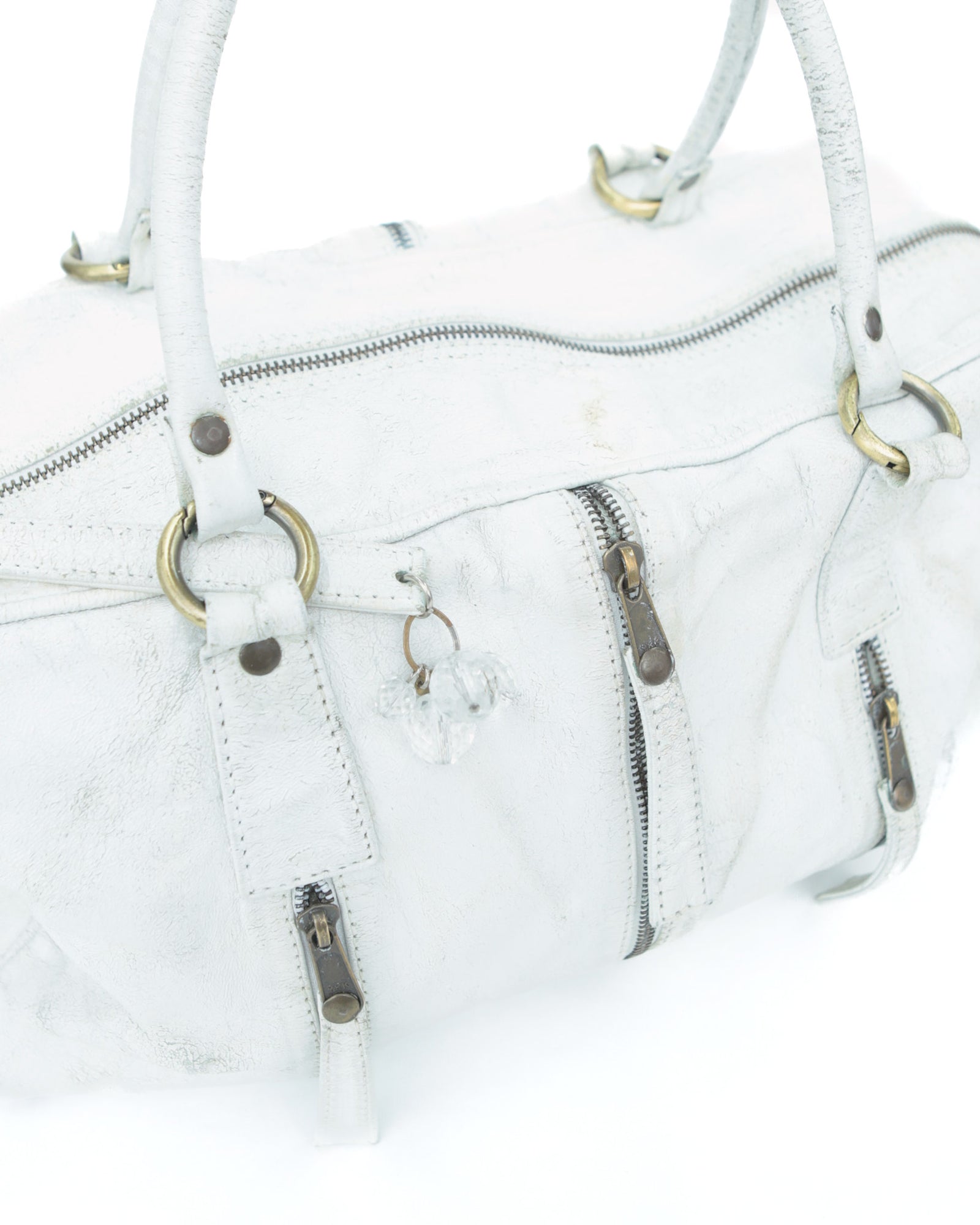 multi zipper distressed white leather bag