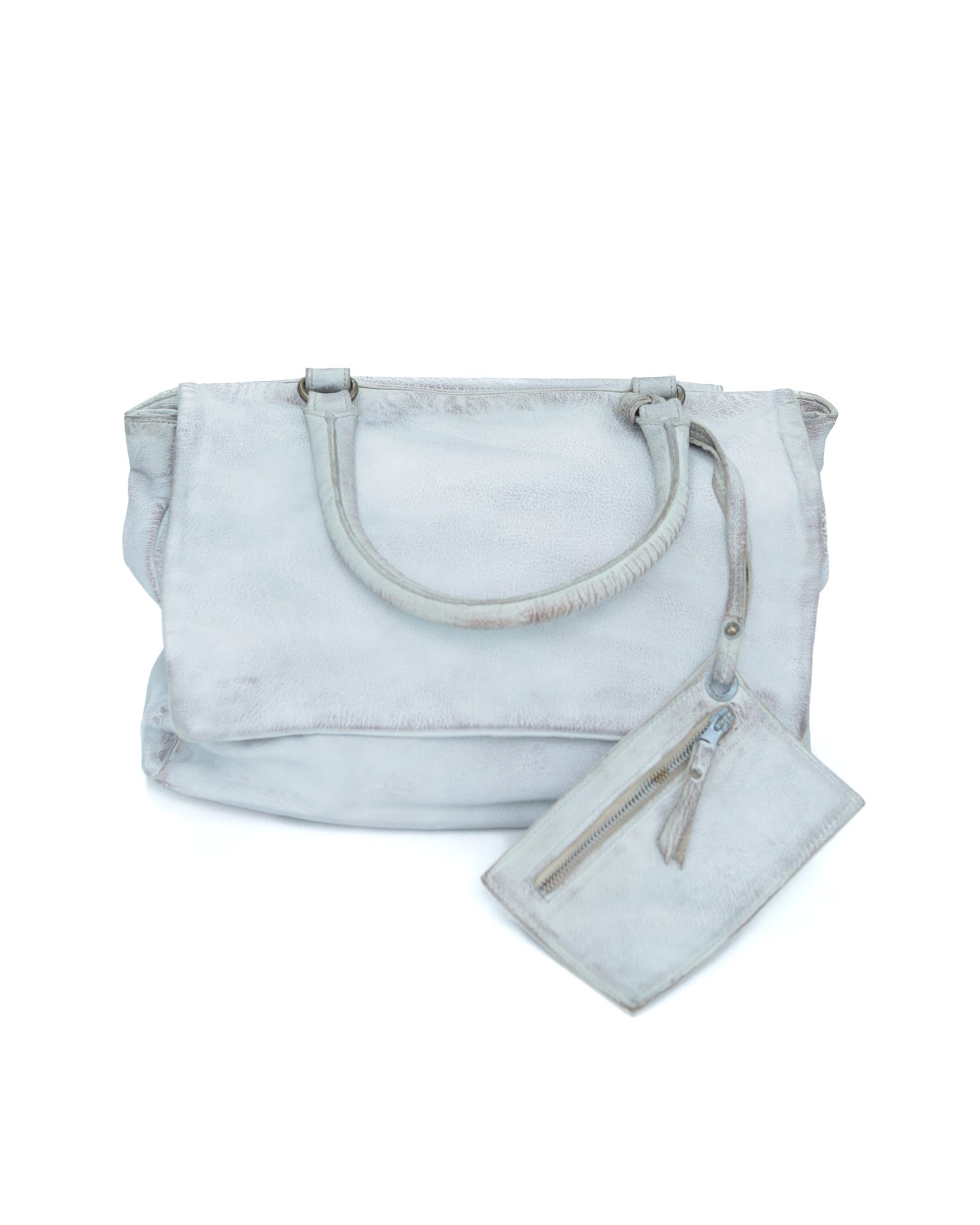 medium washed blue/ gray distressed leather messenger bag
