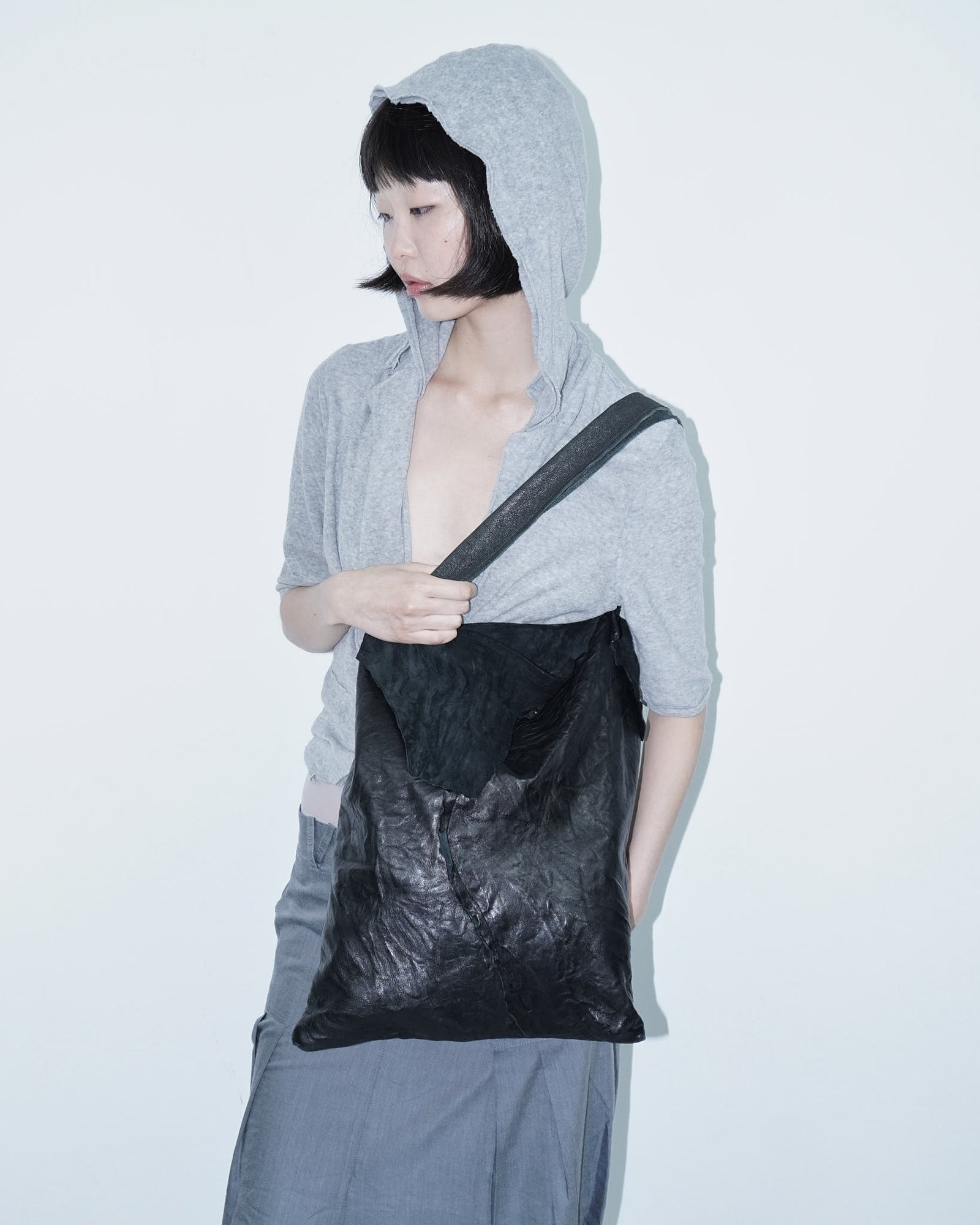 large multi texture black leather tote  bag