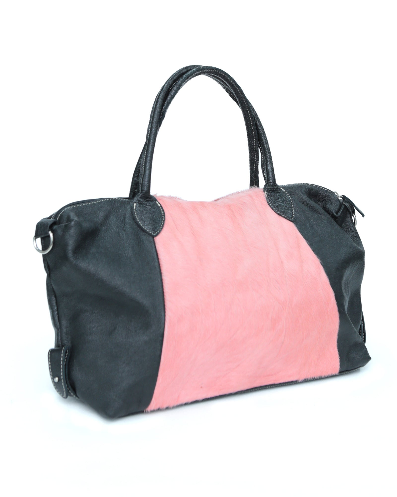 pink pony hair and black shiny leather bag
