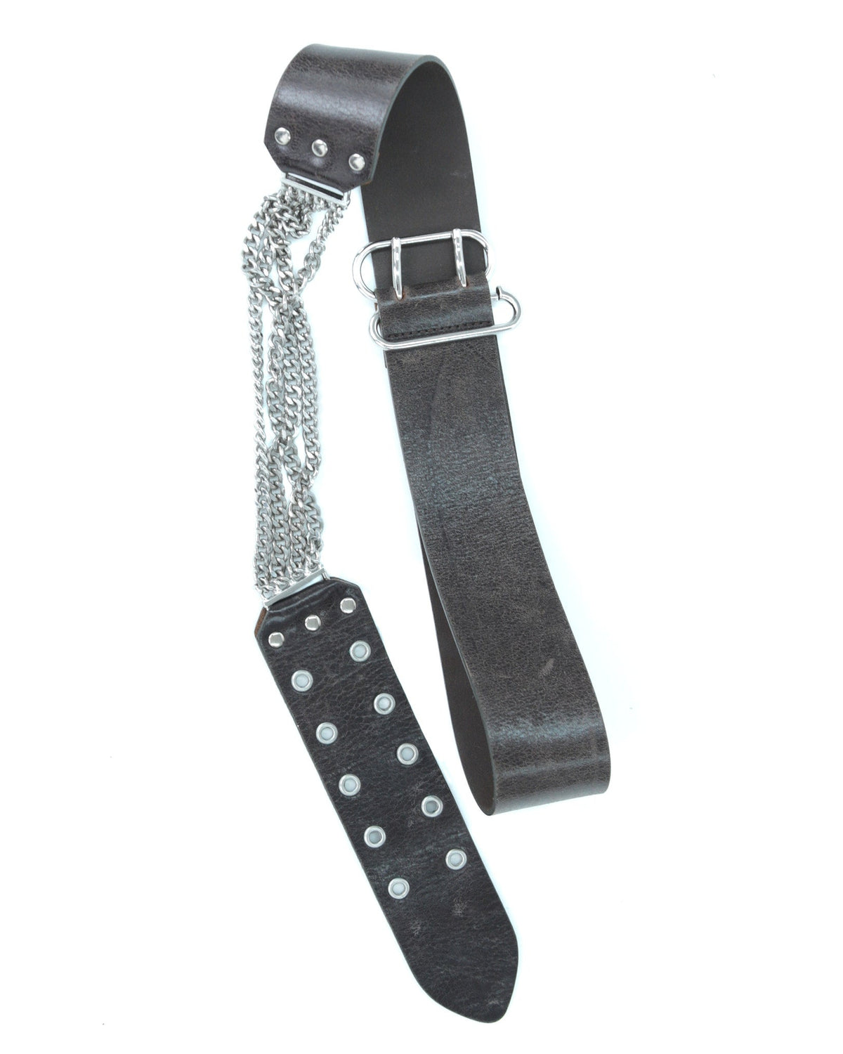 dark brown leather belt with metal chain detail
