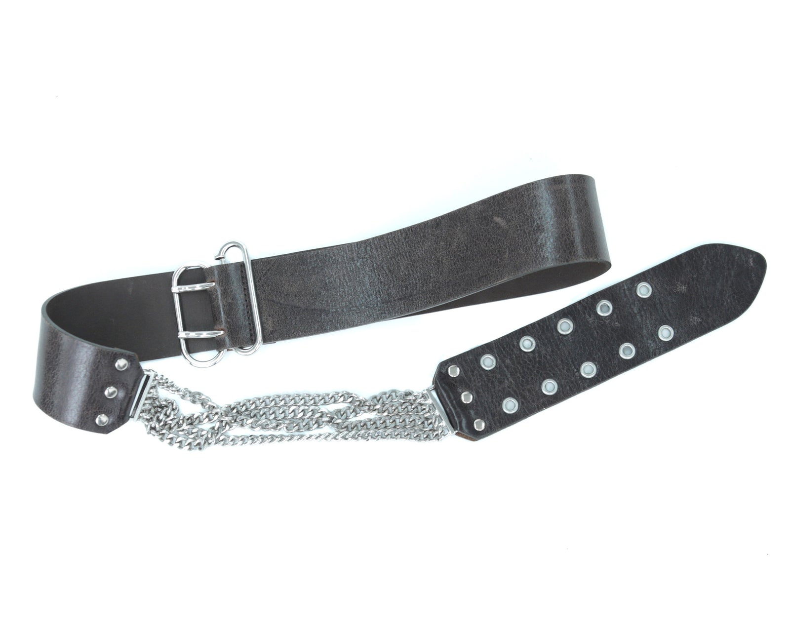 dark brown leather belt with metal chain detail