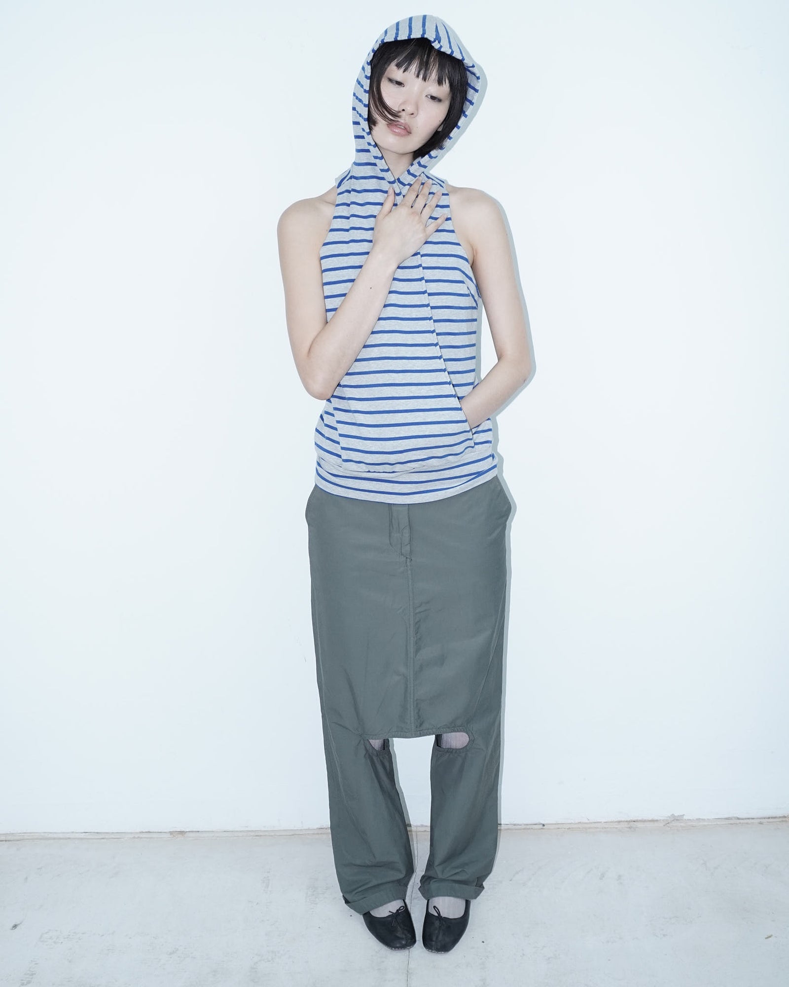 grey and blue striped  hooded cotton top