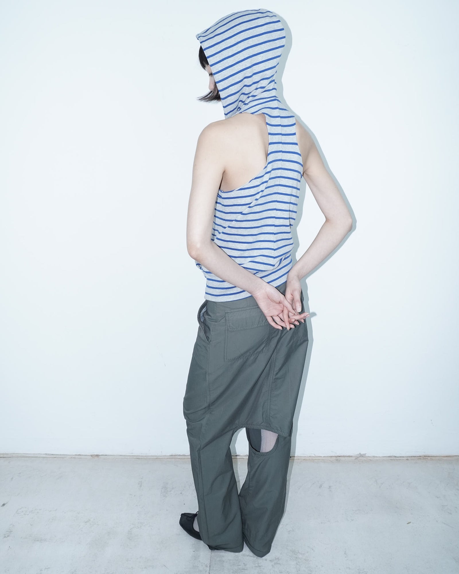 grey and blue striped  hooded cotton top
