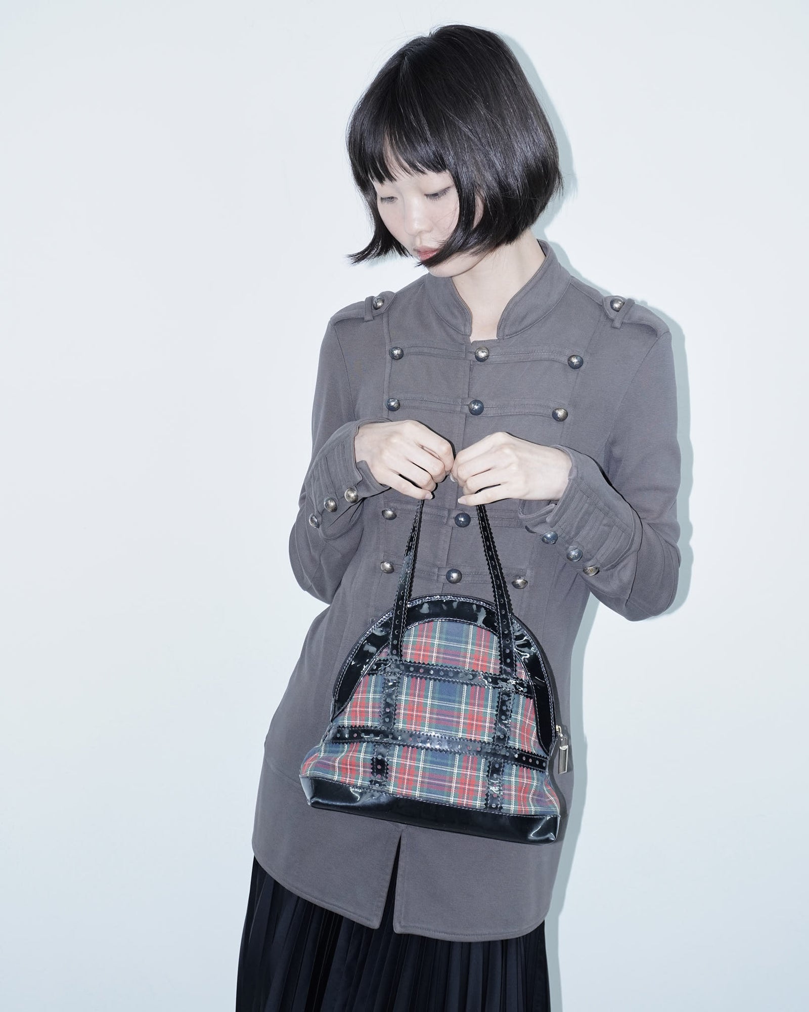 small checkered bag with patent shiny leather