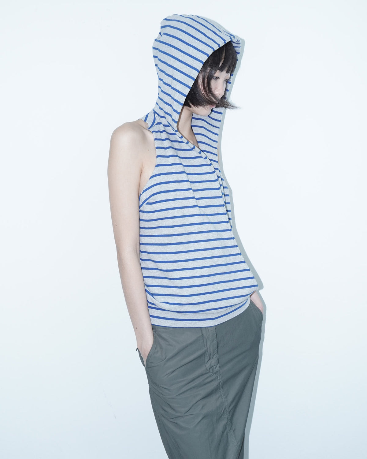 grey and blue striped  hooded cotton top