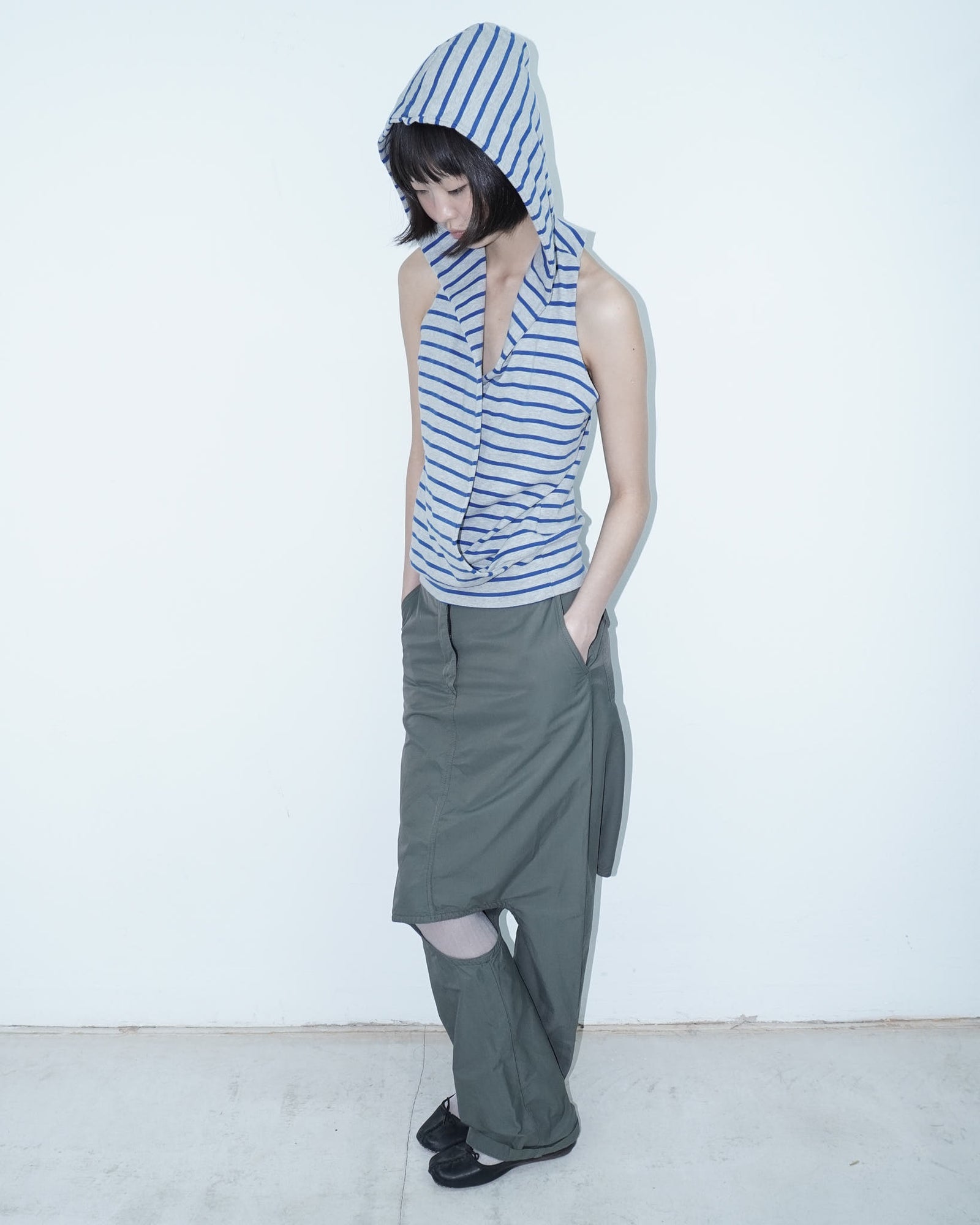 grey and blue striped  hooded cotton top