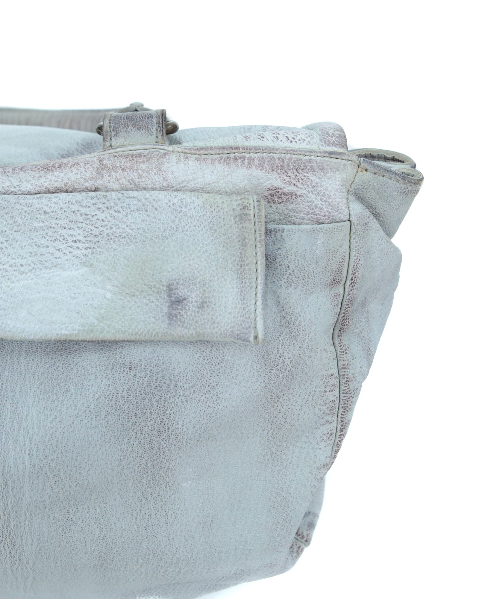 medium washed blue/ gray distressed leather messenger bag