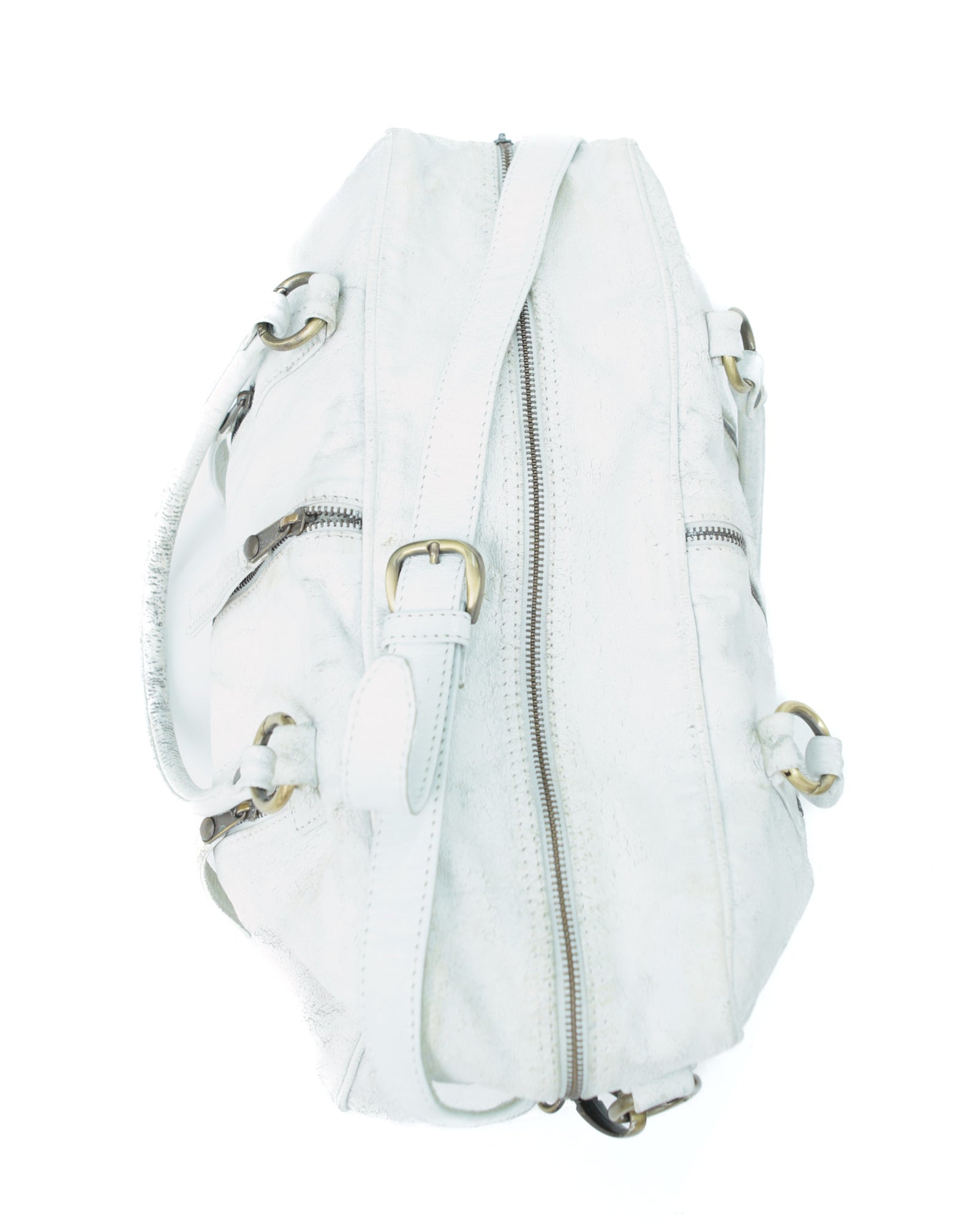 multi zipper distressed white leather bag
