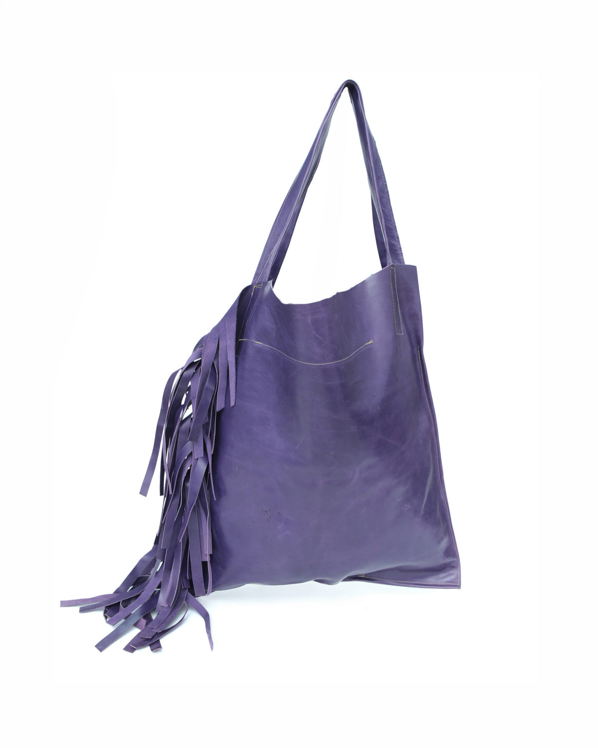 large violet leather tote bag with fringe detail