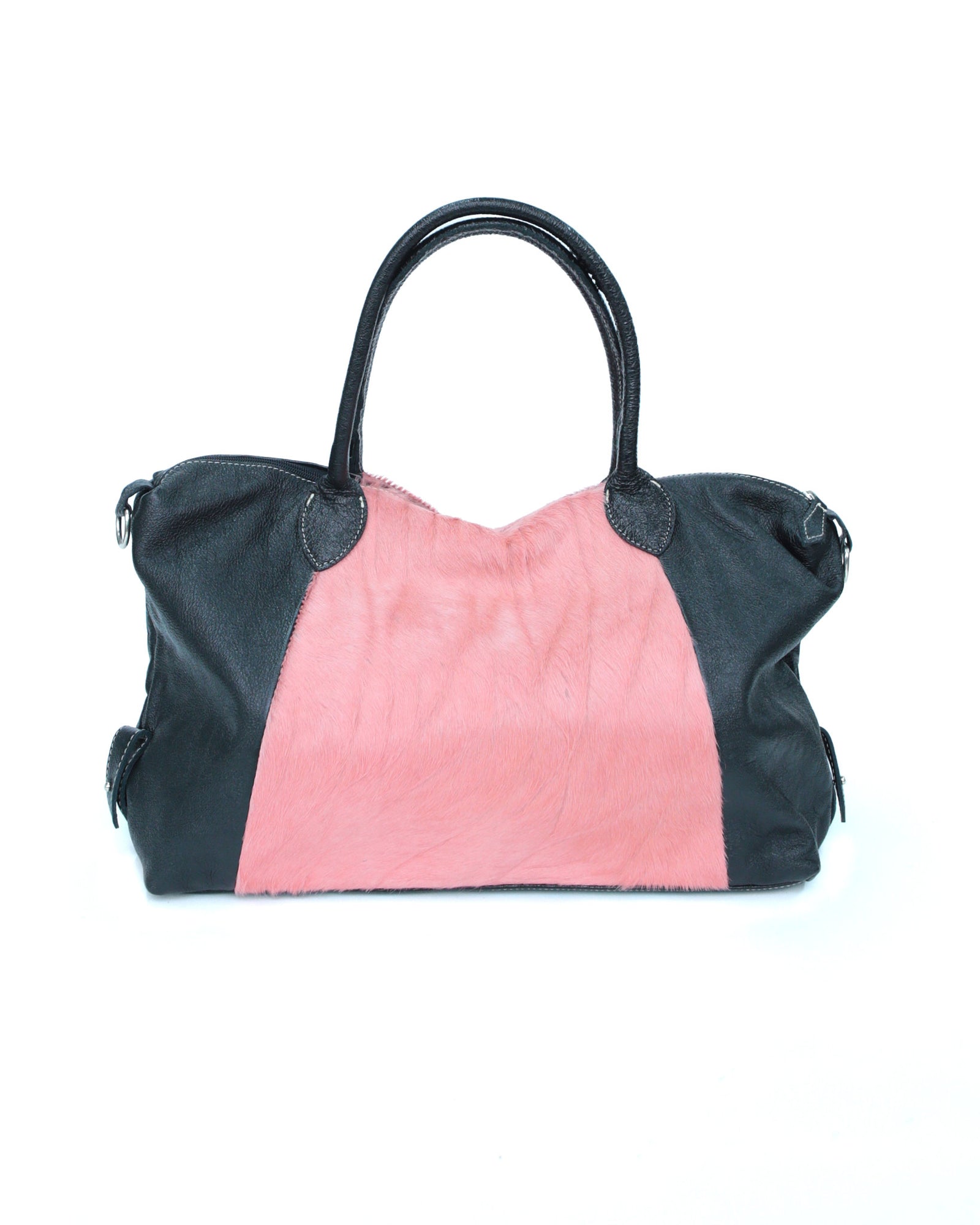 pink pony hair and black shiny leather bag