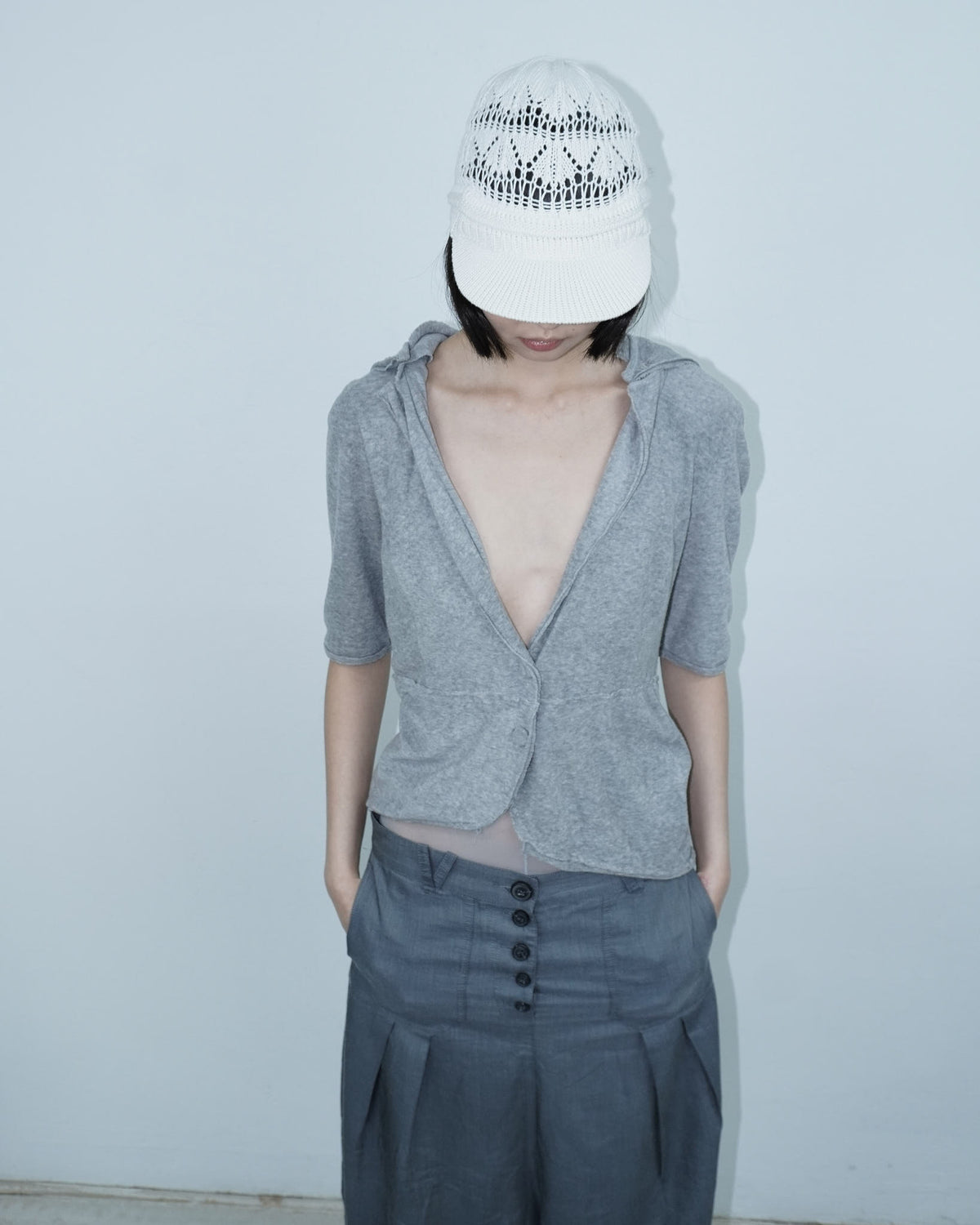 white cotton knitted visor hat