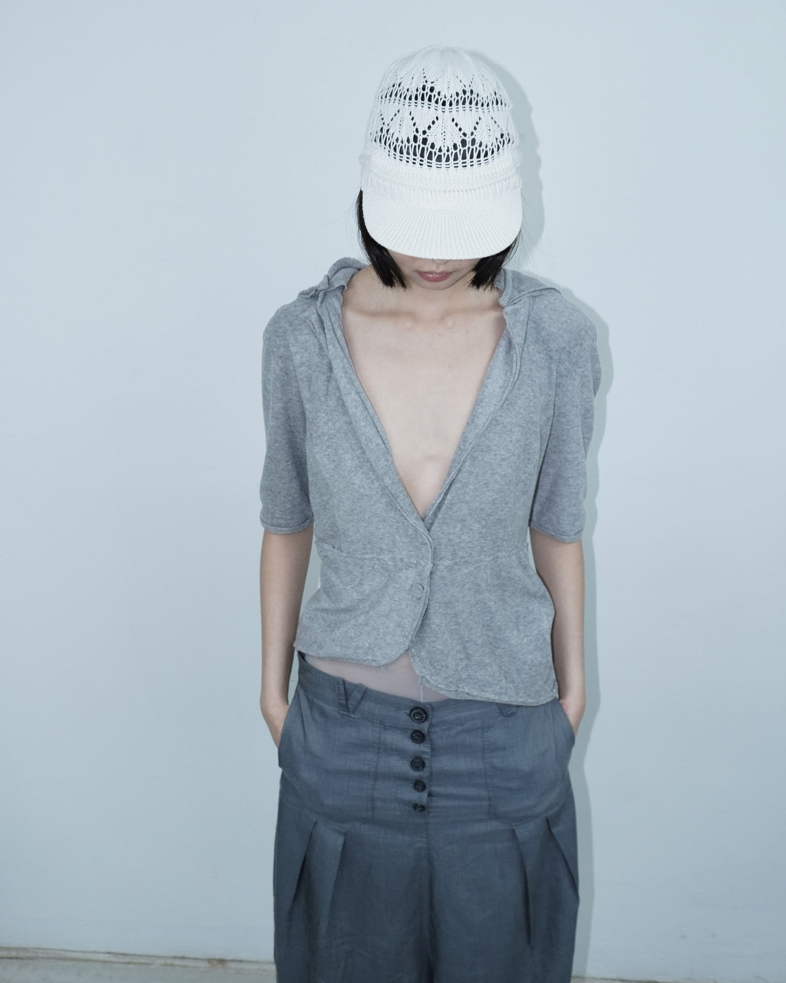 white cotton knitted visor hat