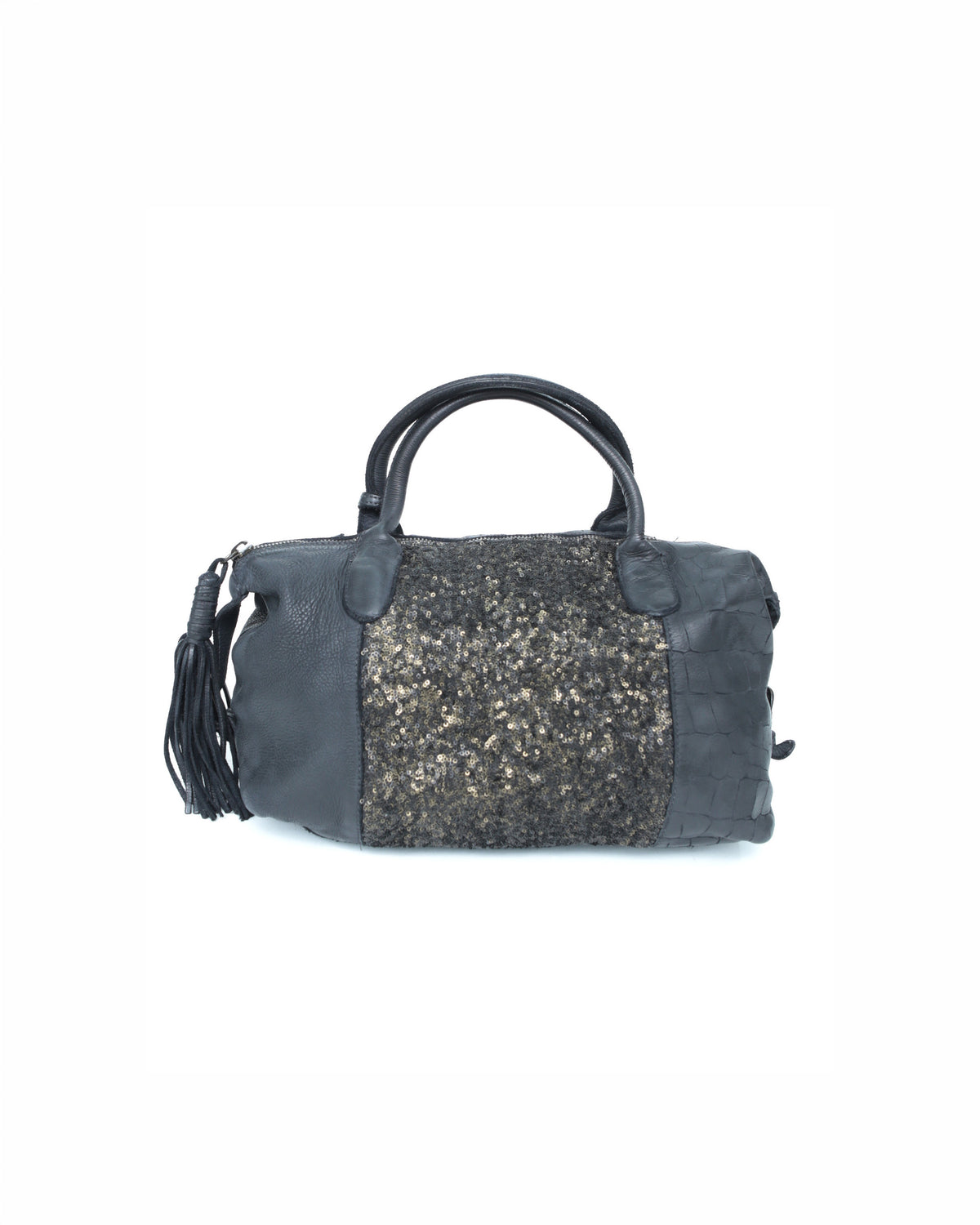 sequins black multi texture leather bag