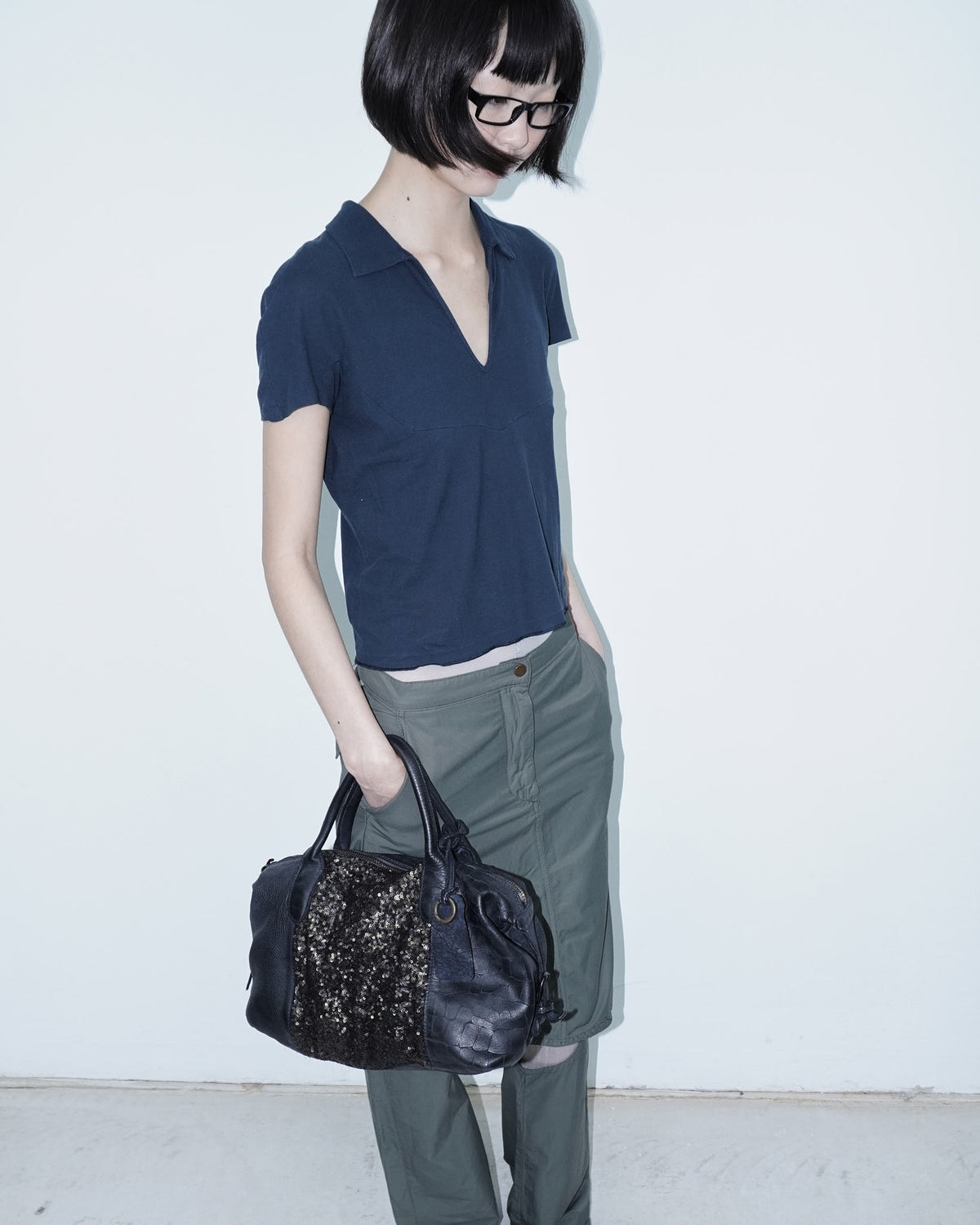 sequins black multi texture leather bag