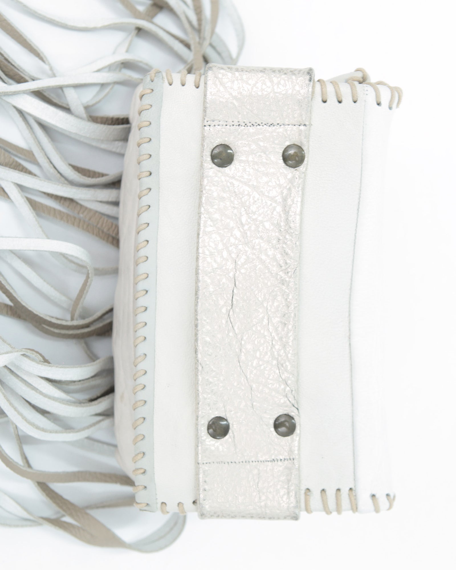 white leather fringed mini bag