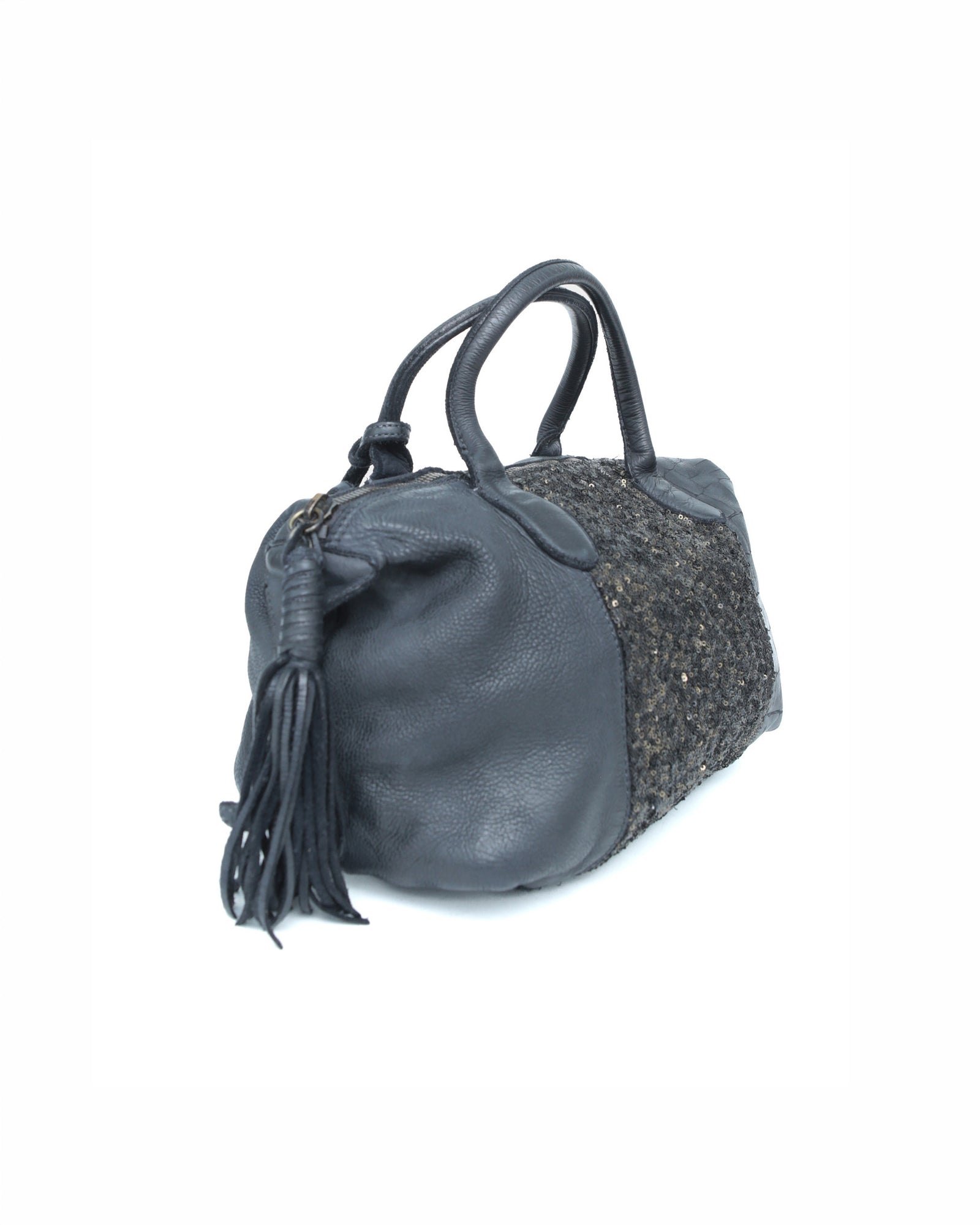 sequins black multi texture leather bag