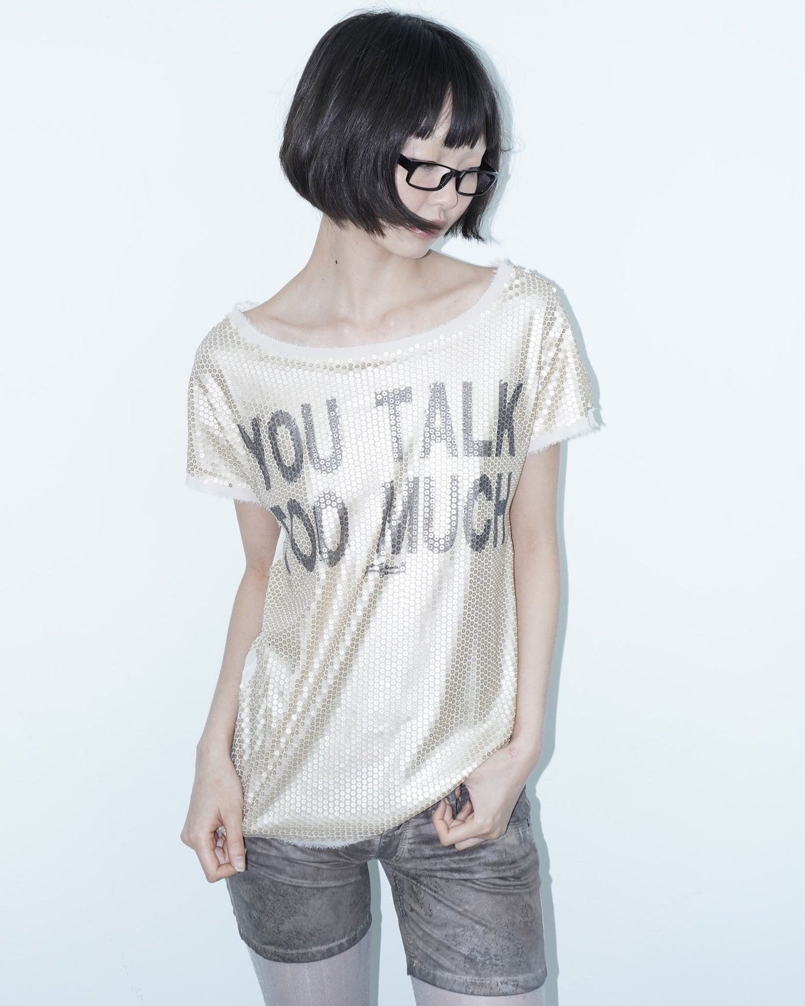 "you talk too much" gold sequin oversized tee
