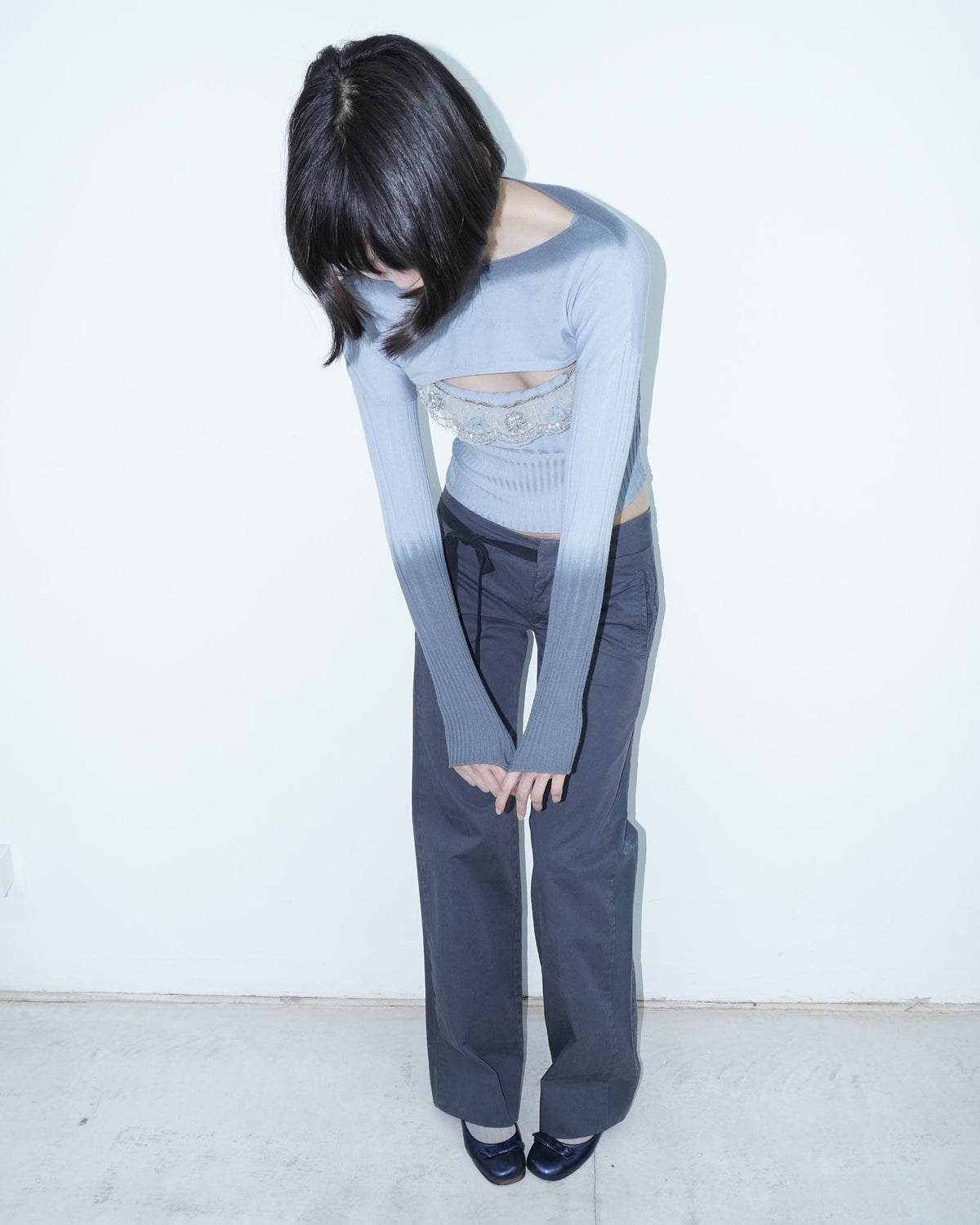 powder blue knit set with lace detail