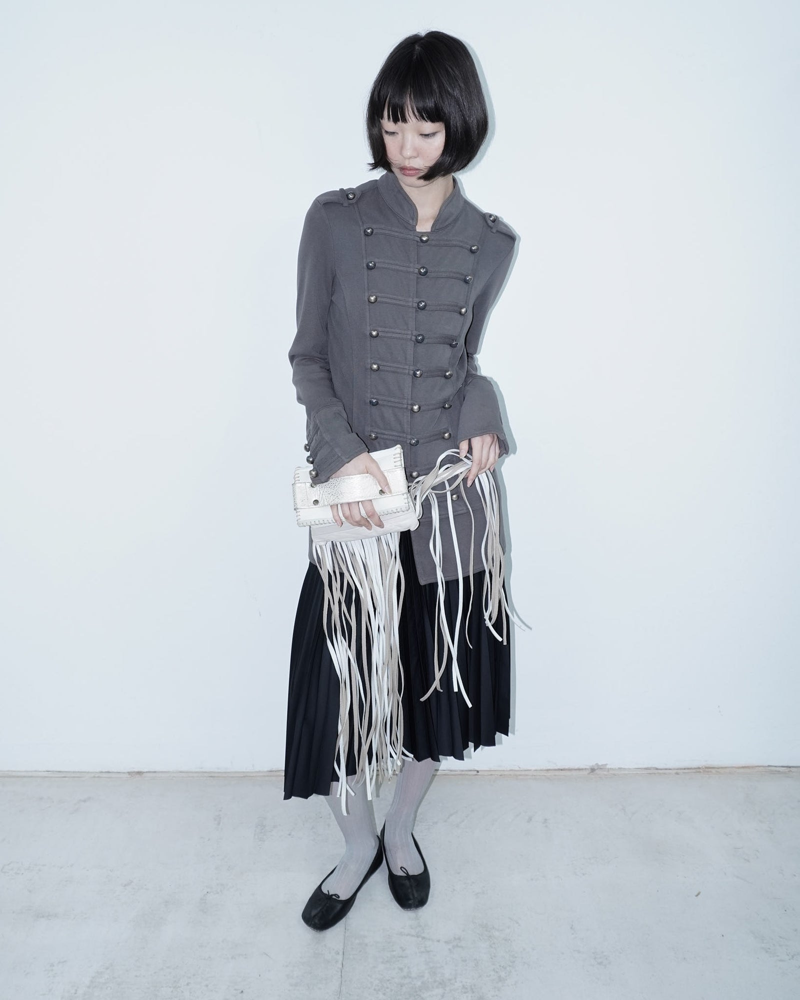 white leather fringed mini bag