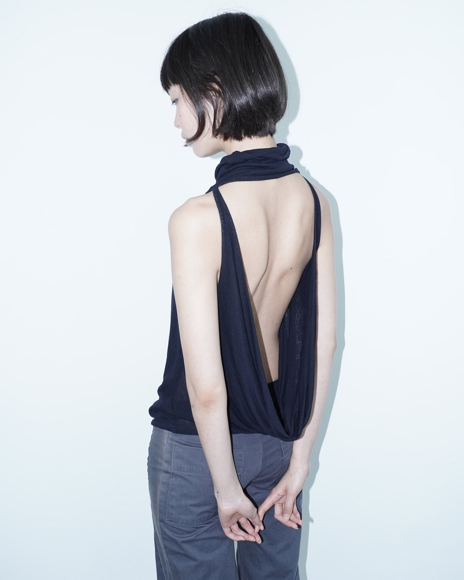 dark blue backless top