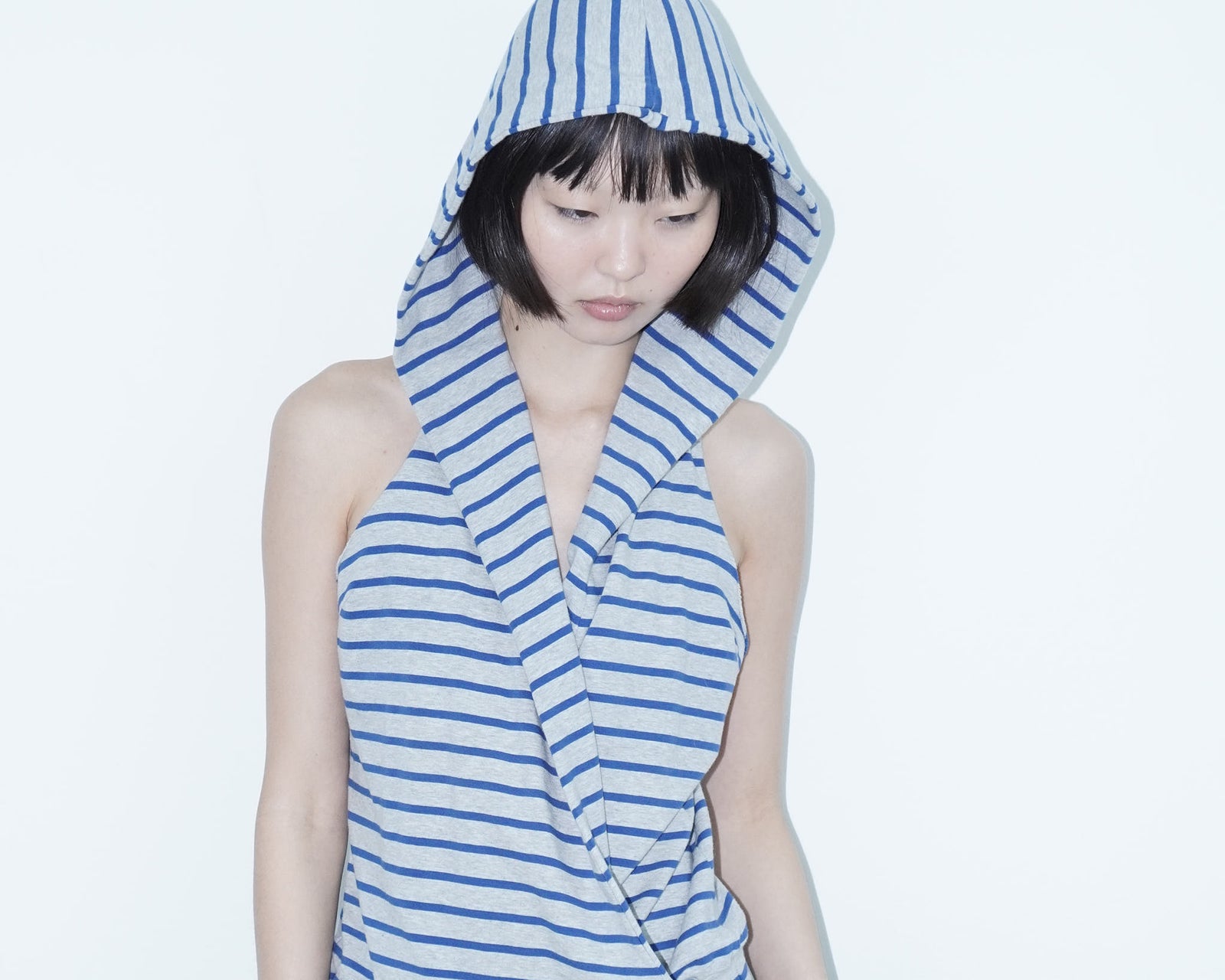 grey and blue striped  hooded cotton top