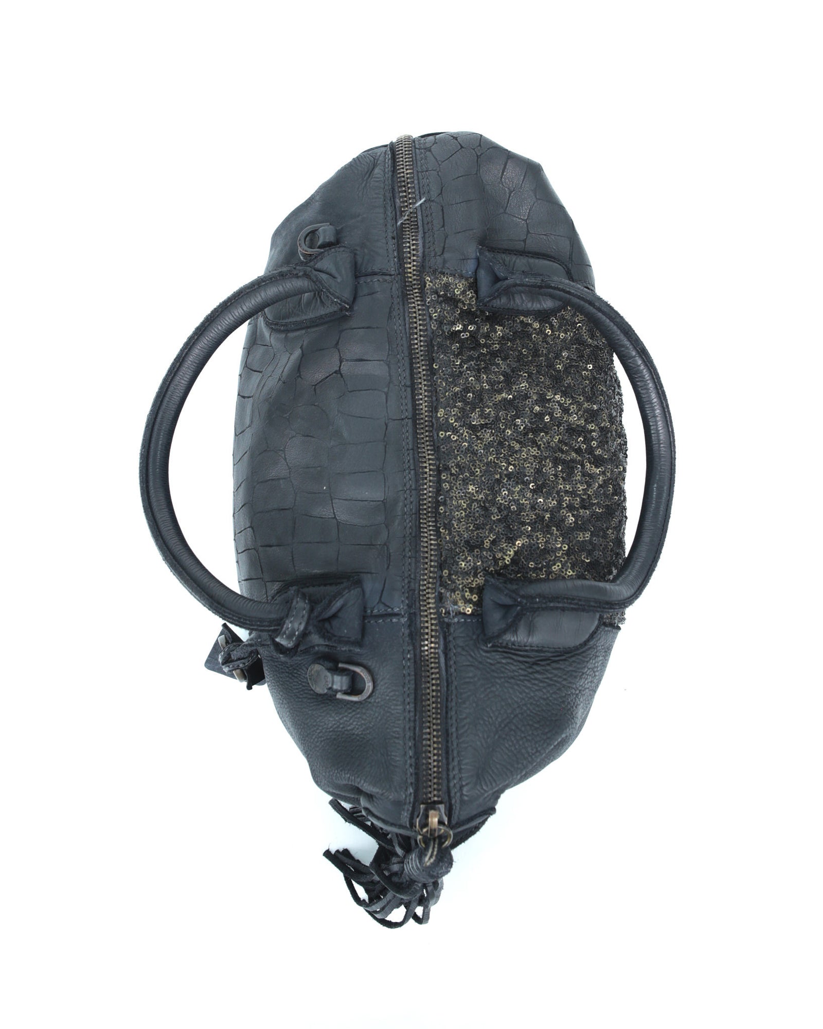 sequins black multi texture leather bag
