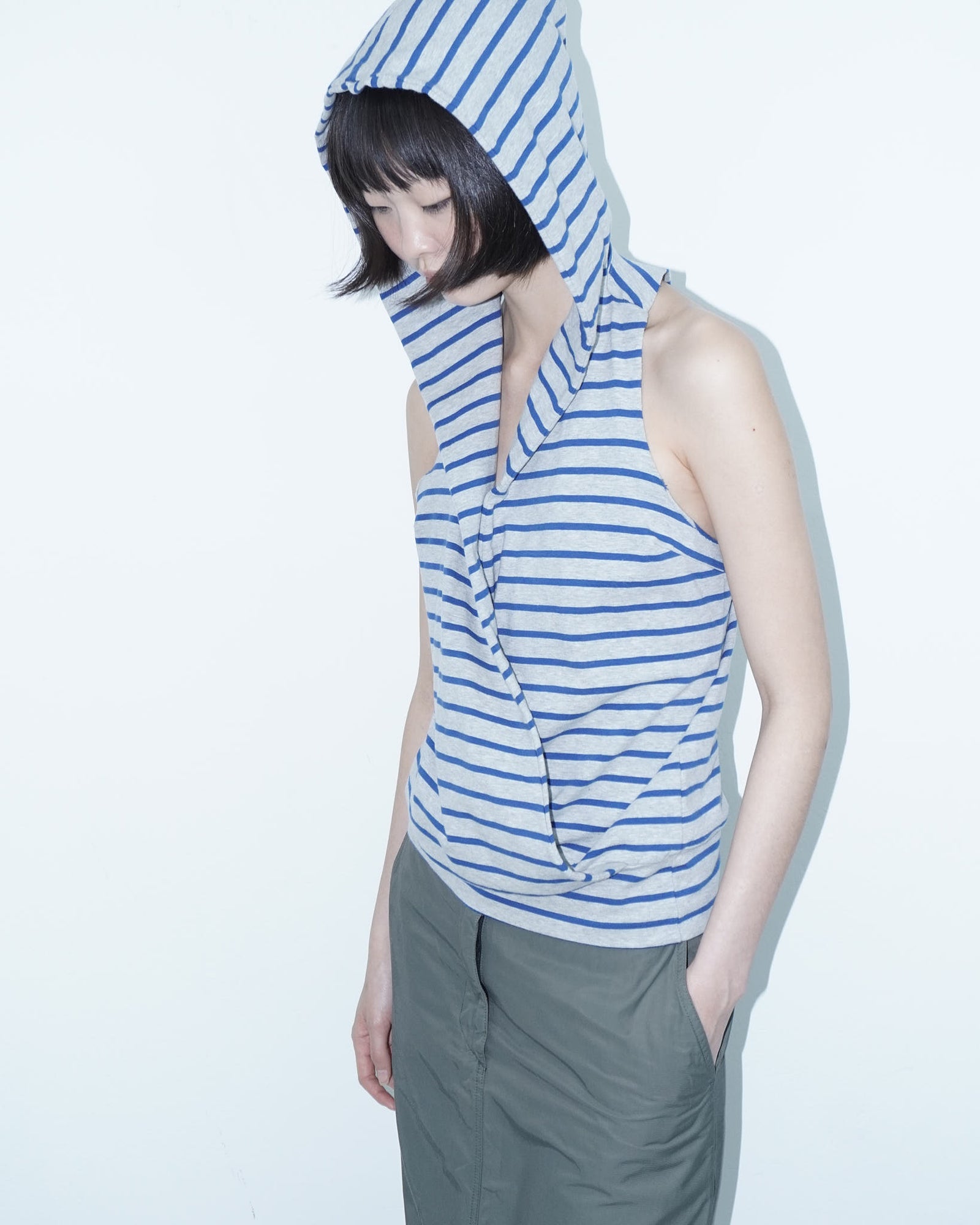 grey and blue striped  hooded cotton top