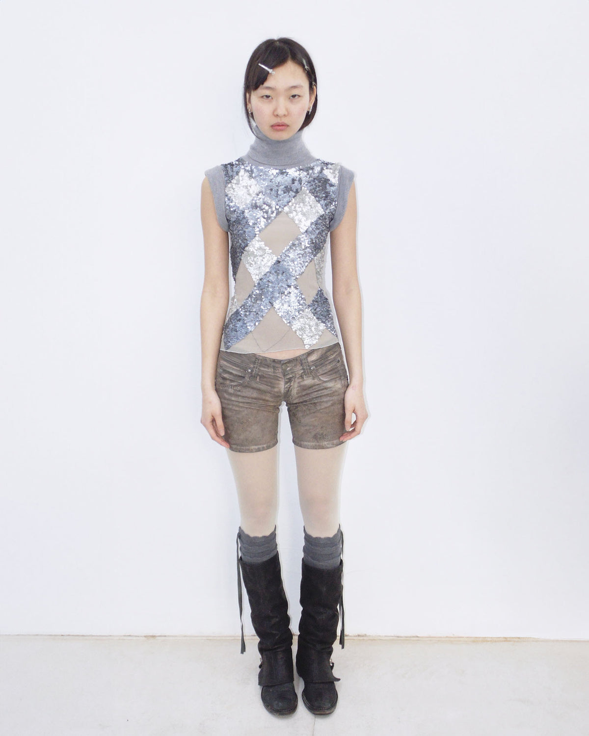 silk and wool lilac sequins argyle knit top