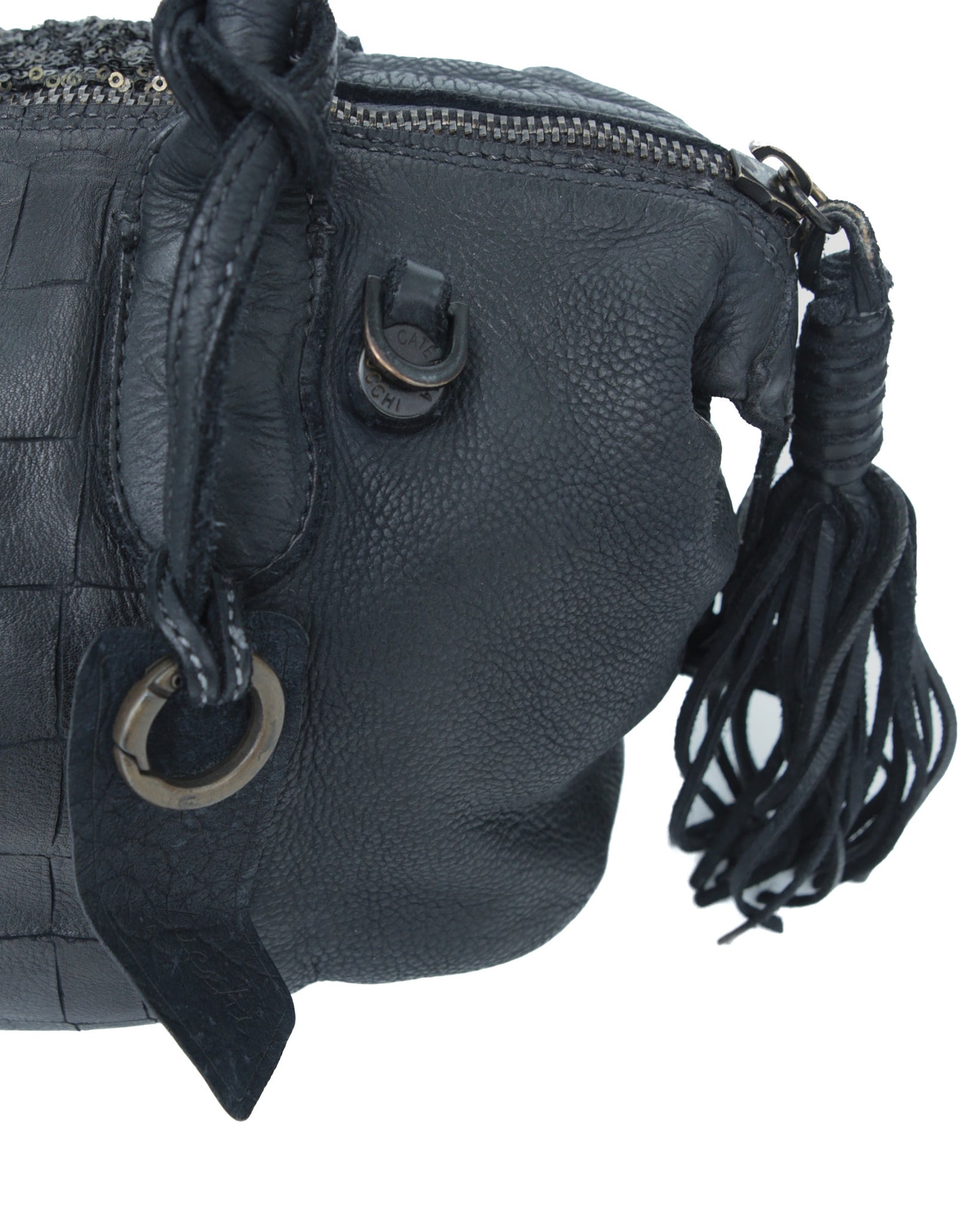 sequins black multi texture leather bag