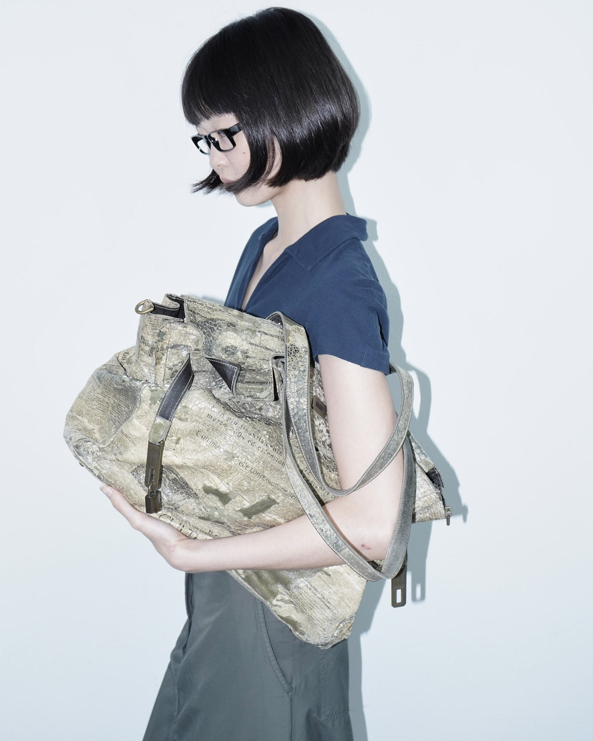 distressed paper texture maxi leather bag