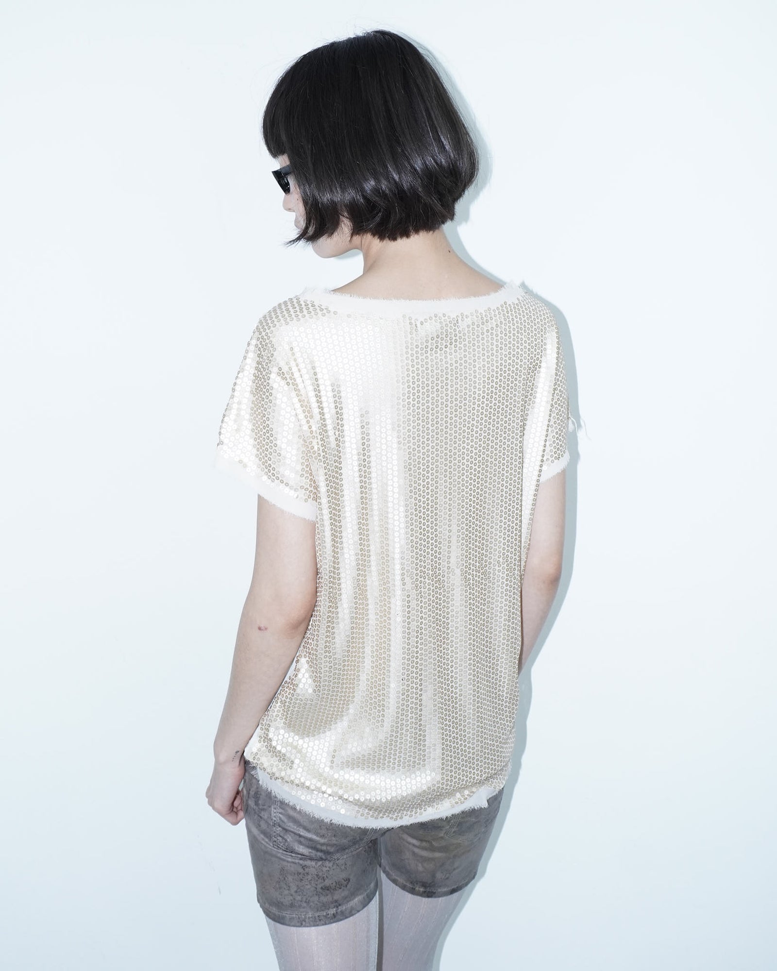 "you talk too much" gold sequin oversized tee