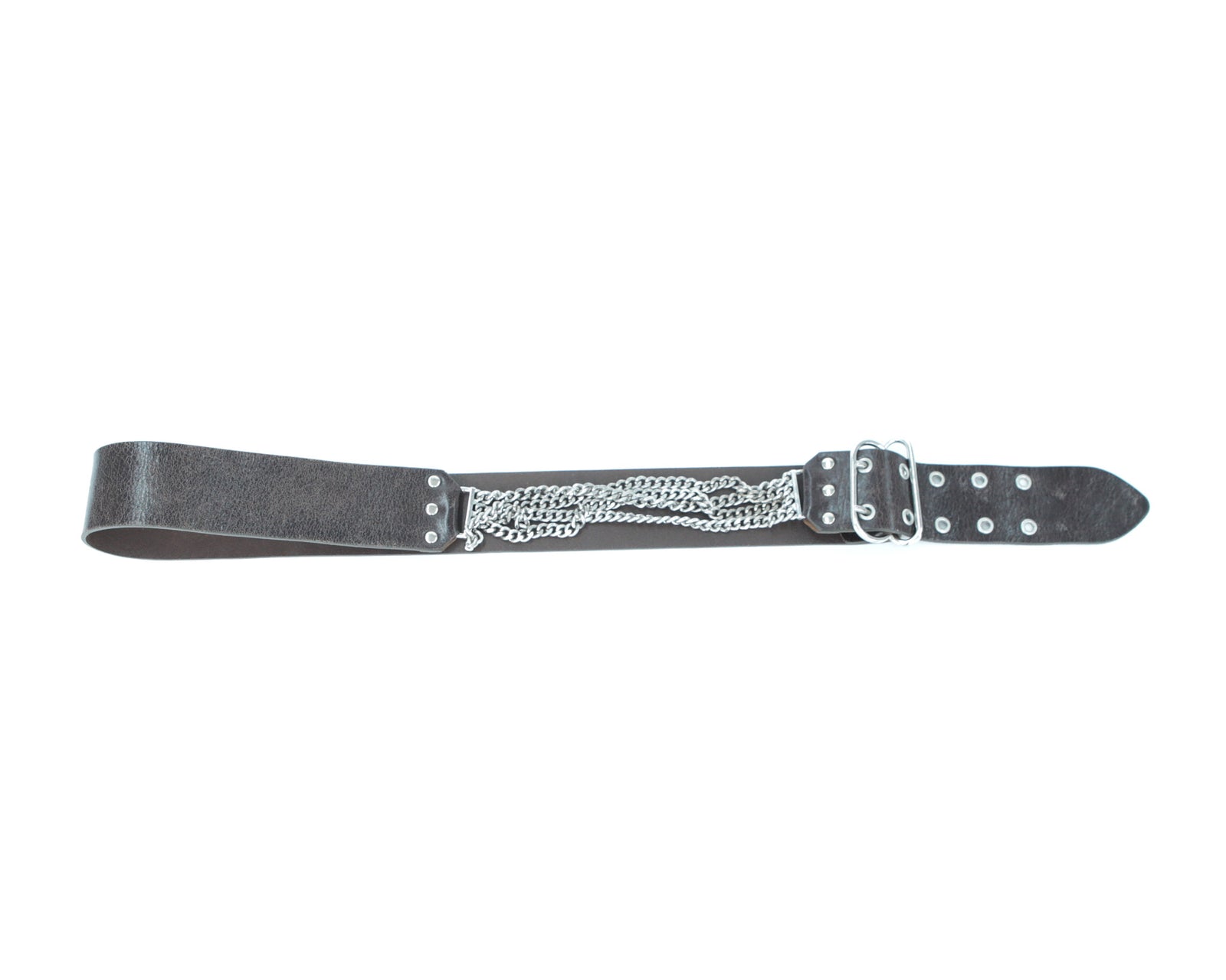 dark brown leather belt with metal chain detail
